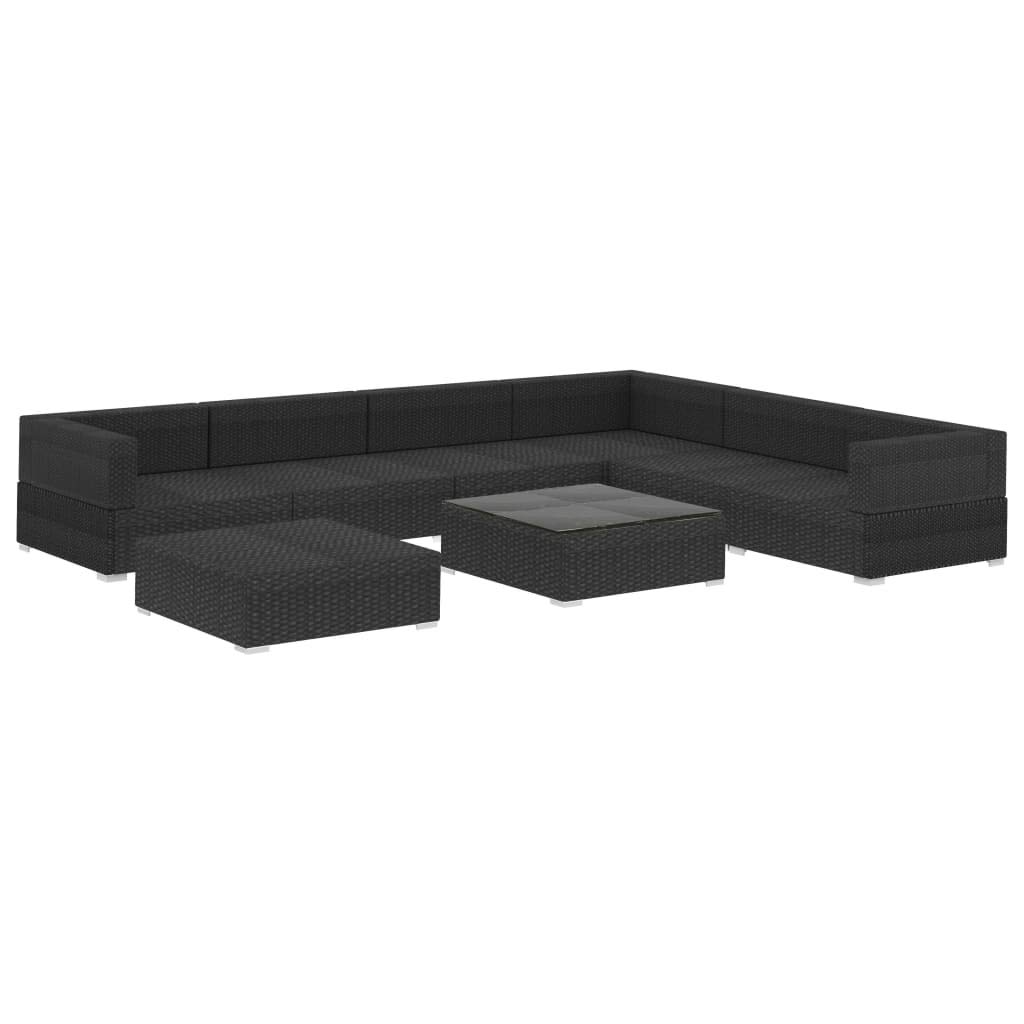 8-Piece Outdoor Patio Furniture Set with Glass Coffee Table, Black Poly Rattan Sectional Sofa & Ottoman, Wicker Conversation Set with Cushions - Perfect for Backyard, Garden, Poolside & Patio Relaxation