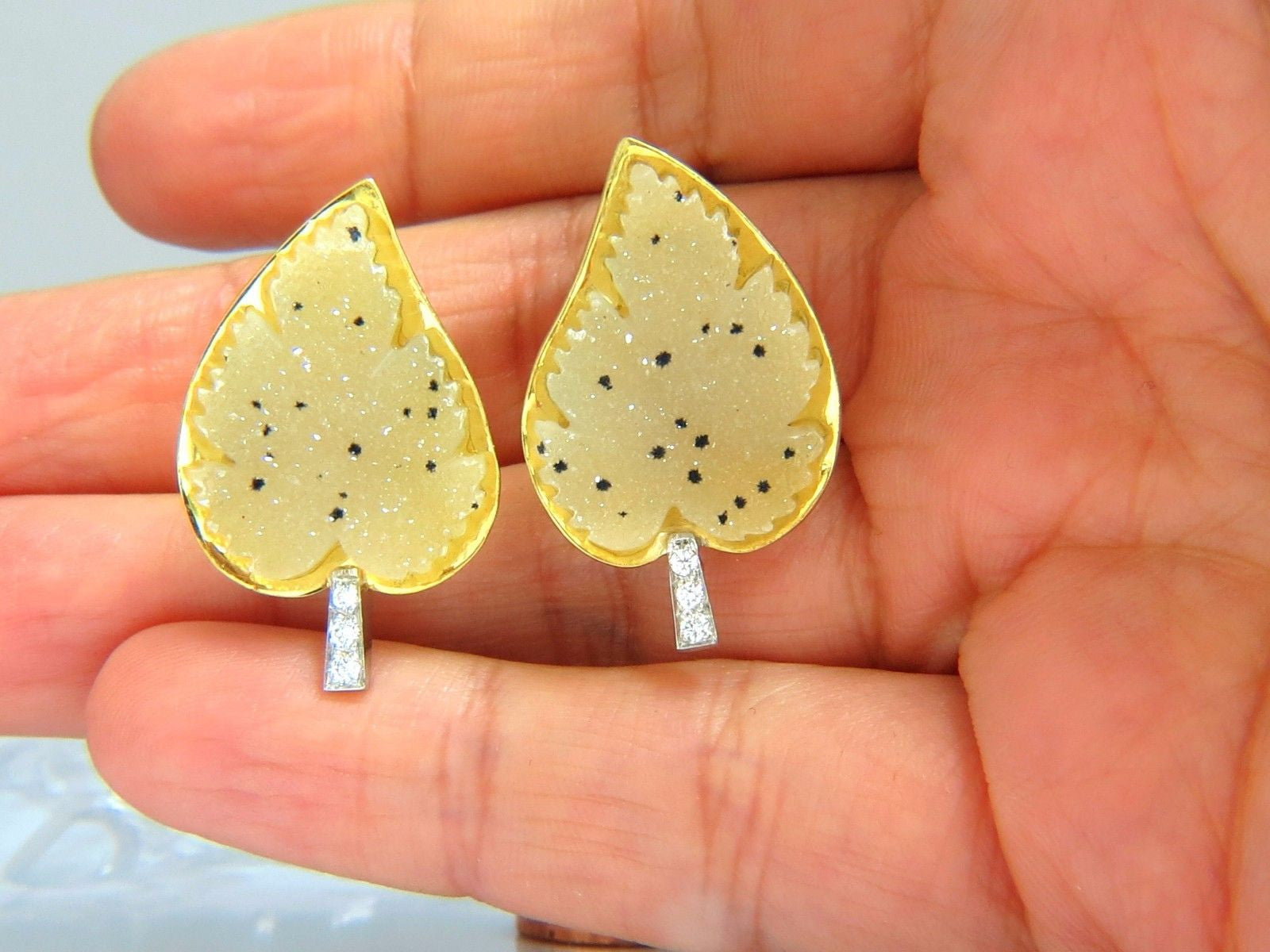18K Gold 0.25ct Diamond Matrix Quartz Rough Slice Leaf Earrings with Omega Back - Elegant Nature-Inspired Jewelry for Women, Perfect for Weddings, Parties and Special Occasions