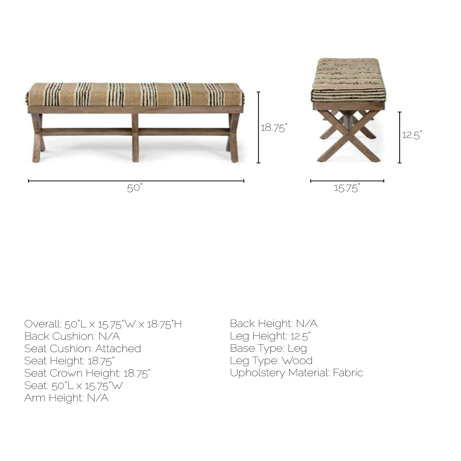 HomeRoots Rectangular Mango Wood Accent Bench with Medium Brown Base & Upholstered Beige/Black Stripe Seat - Perfect for Entryway, Bedroom or Living Room Decor