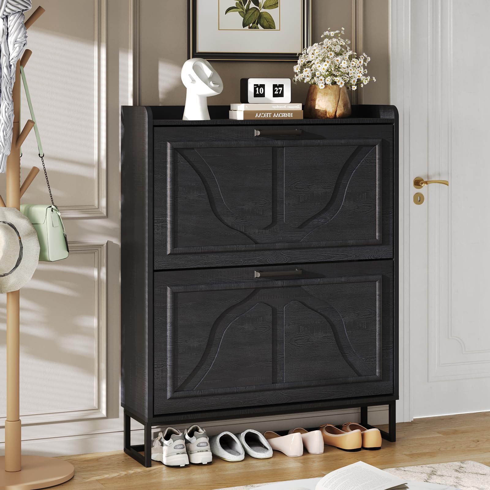 Maupvit 2-Tier Flip-Door Shoe Cabinet - Freestanding Entryway Shoe Storage Organizer with Metal Legs, Slim Space-Saving Design for Hallway, Closet & Apartment - Perfect for Small Spaces & Shoe Organization (Black)