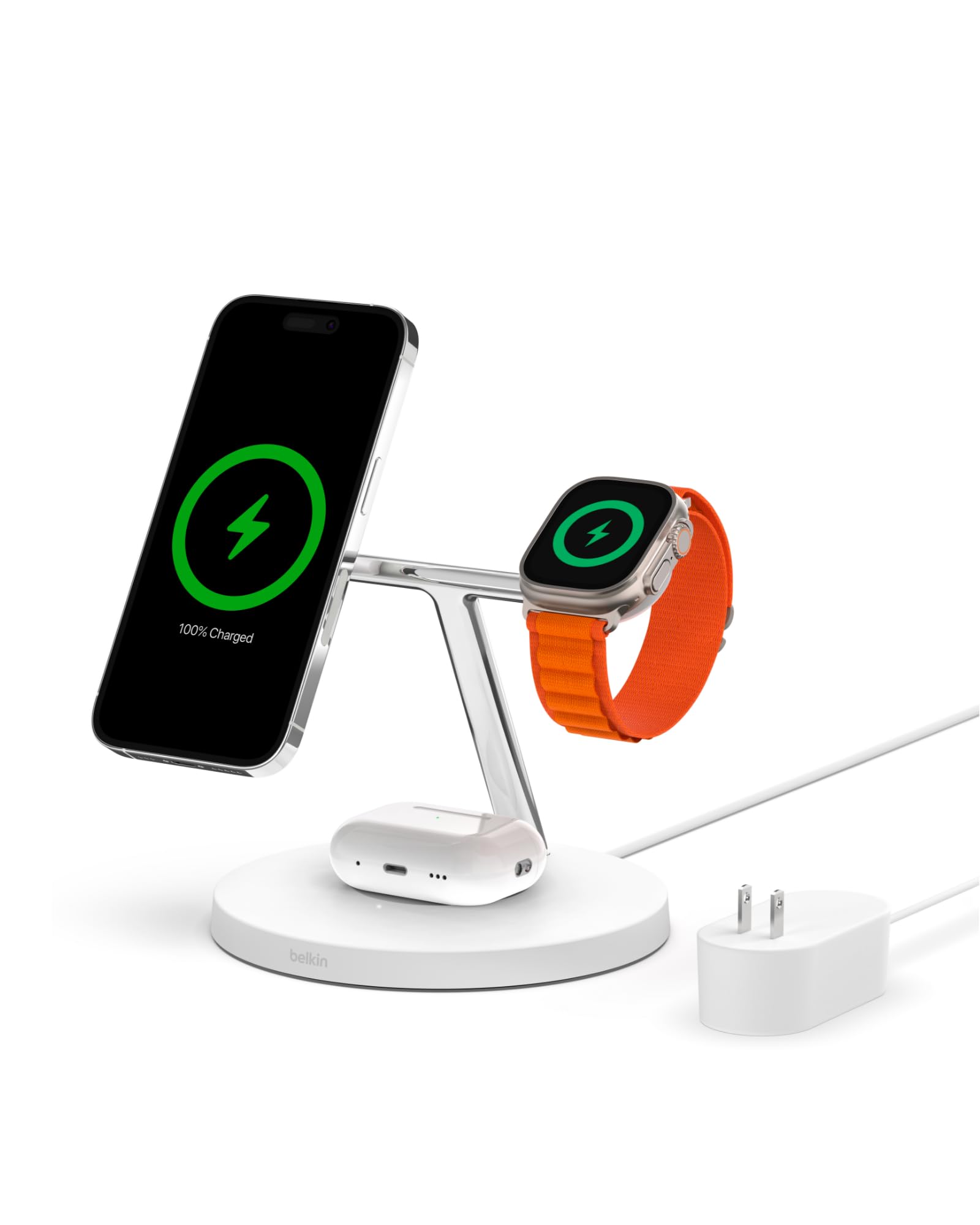 Belkin MagSafe 3-in-1 Wireless Charging Stand (2nd Gen) - 33% Faster Charging for iPhone 16/15/14 Series, Apple Watch & AirPods - Multi-Device MagSafe Charging Station (White) - Perfect for Bedside, Office Desk & Travel Accessories