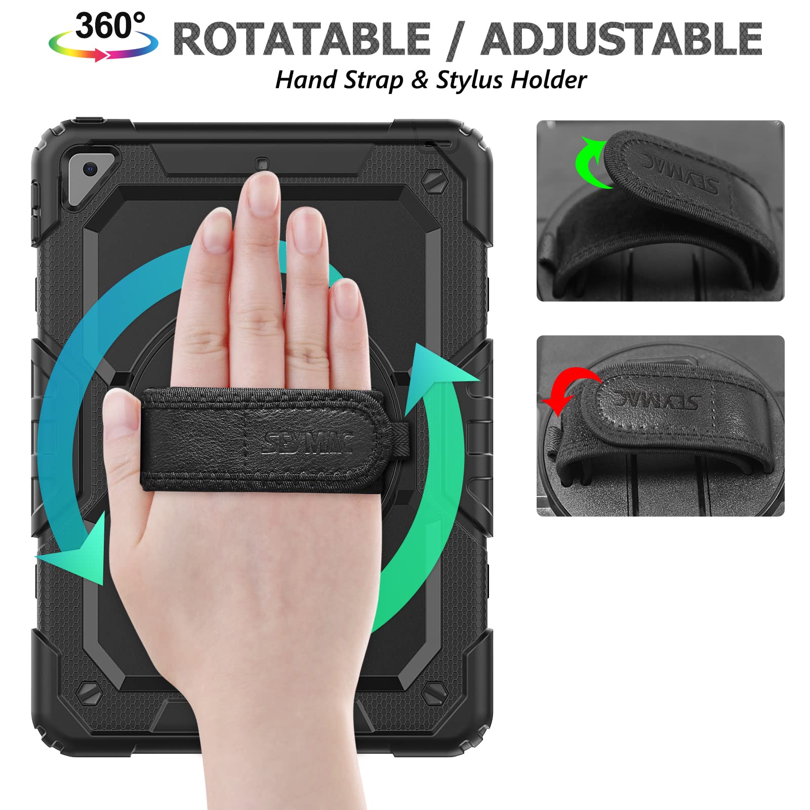 SEYMAC Shockproof Protective Case for iPad 9th/8th/7th Generation 10.2 Inch (2021-2019 Models) - with Built-in Screen Protector, 360° Rotating Hand Strap, Pencil Holder & Stand - Perfect for Work, School and Travel (Black)