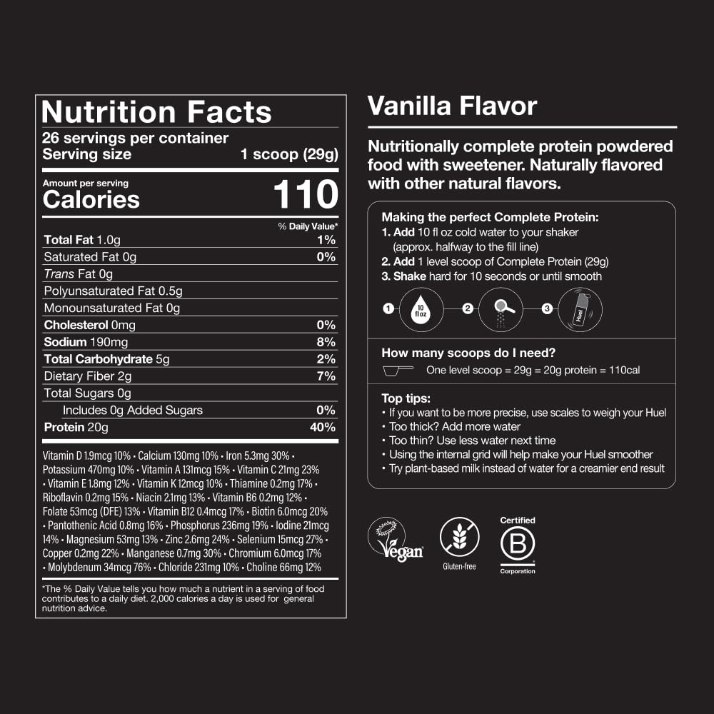 Huel Vegan Protein Powder - Vanilla Flavor | 20g Plant-Based Protein, 27 Vitamins & Minerals | Gluten Free, Non-GMO, Lactose Free | Complete Nutrition for Smoothies, Shakes & Post-Workout Recovery | 26 Servings