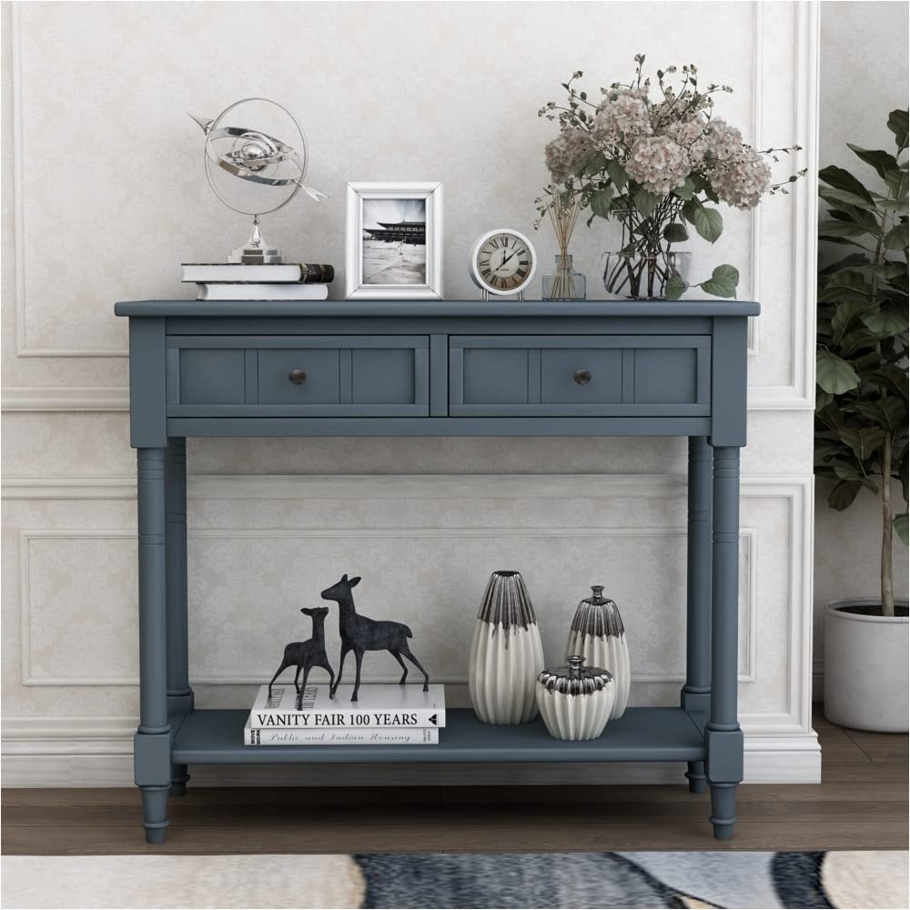 NYCSUOANI Traditional Navy Console Table with 2 Drawers & Bottom Shelf - Perfect for Entryway, Living Room & Hallway Decor