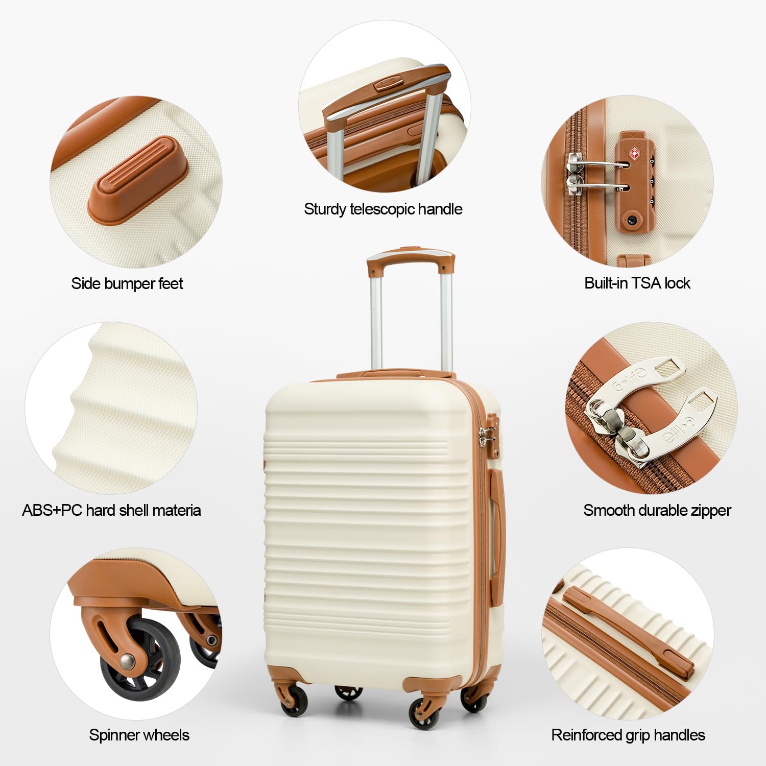 Coolife 3-Piece Hardside Luggage Set with TSA Lock & Spinner Wheels - Carry On Suitcase for Travel (White, 6-Piece) | Perfect for Family Vacations, Business Trips & International Travel