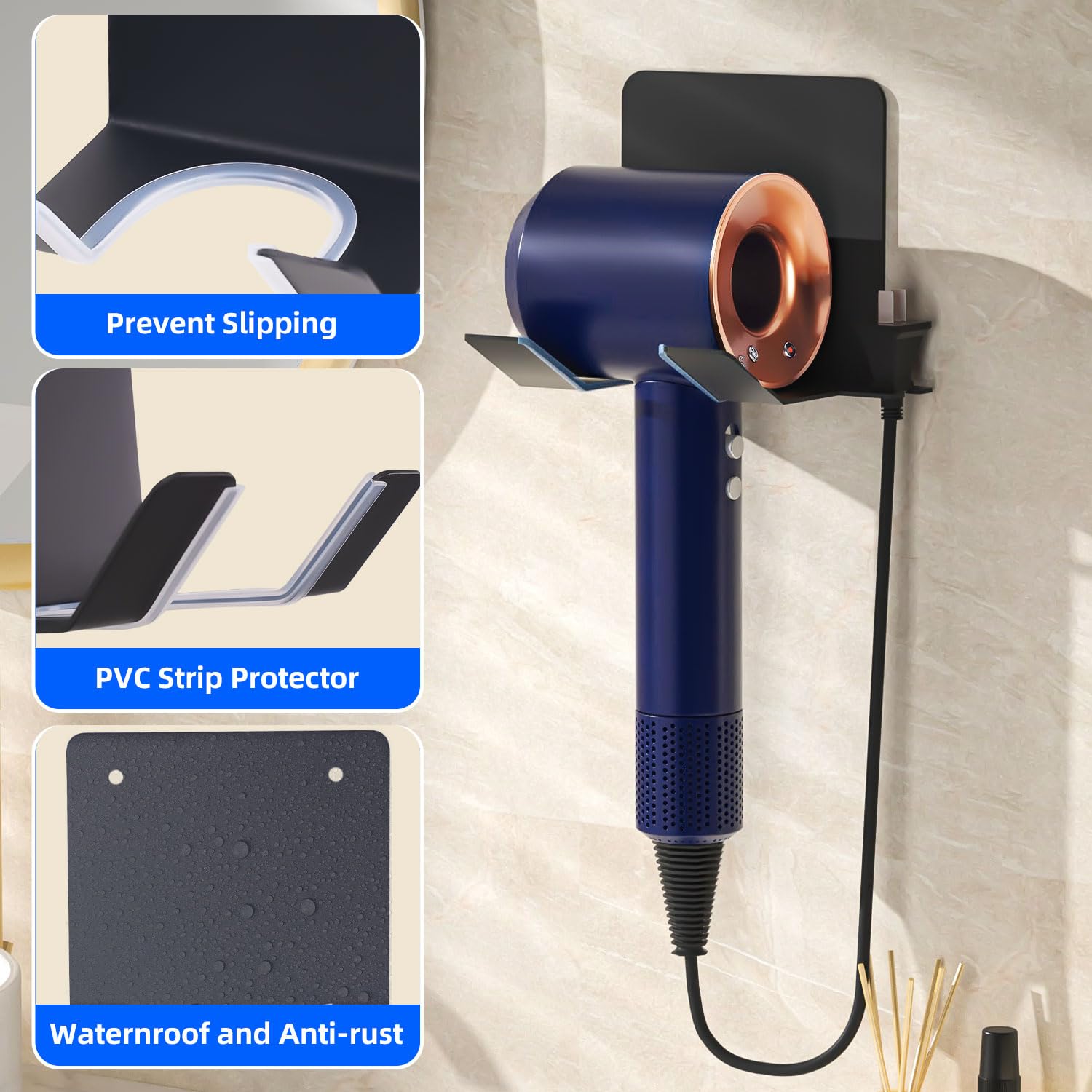 PTALSEAW Wall Mount Hair Dryer Holder - Self Adhesive Blow Dryer Organizer for Dyson & Other Hair Tools, Black Bathroom Cabinet Accessory - Perfect for Salon, Home & Travel Use