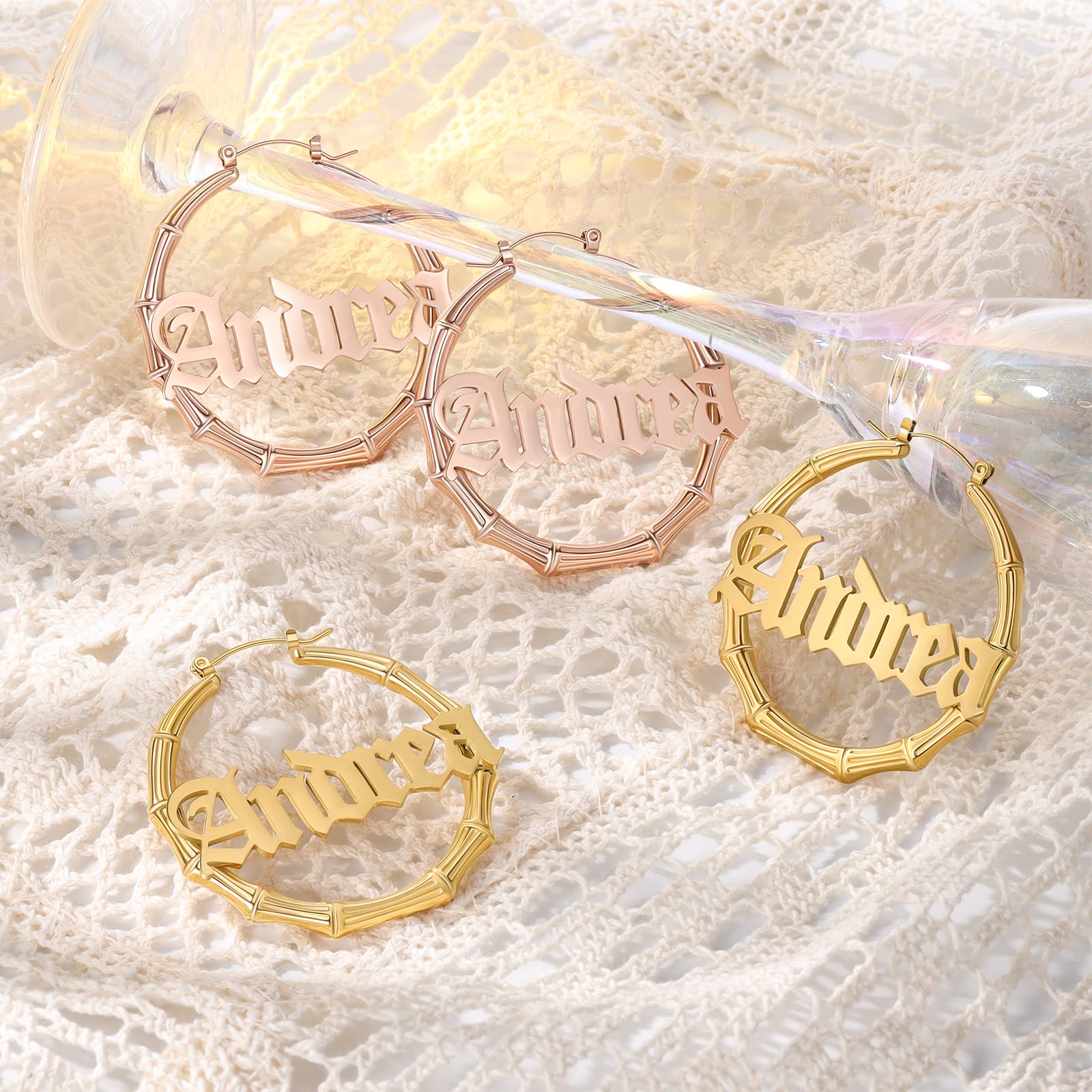Personalized Name Hoop Earrings for Women - Custom Engraved Bamboo Earrings with Your Name - Fashion Jewelry Gift for Mom, Sister, Friend - Perfect for Birthdays, Anniversaries & Special Occasions