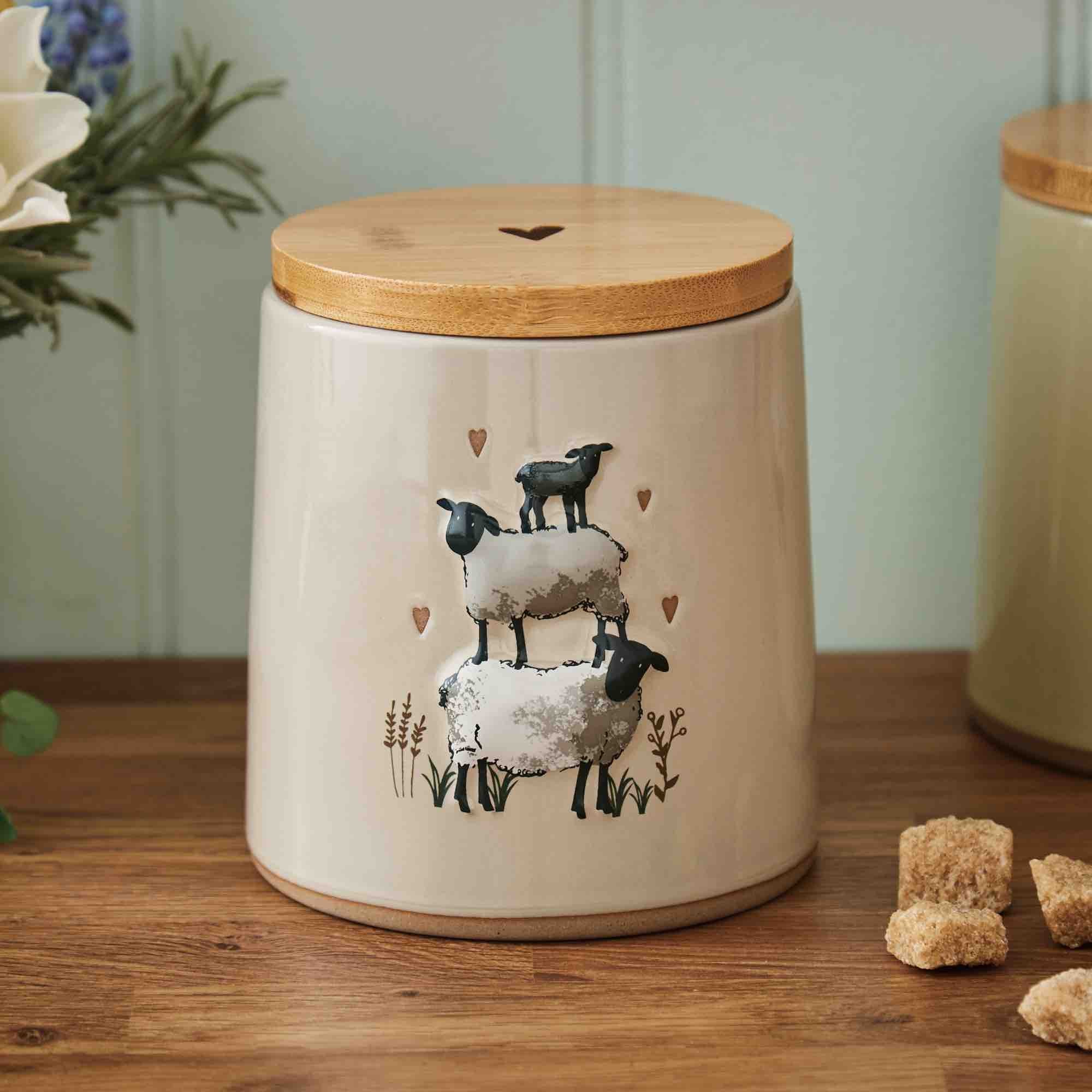 Highland Sheep Ceramic Canister Set - Beige Kitchen Storage Jar for Flour, Sugar & Coffee | Farmhouse Home Decor & Pantry Organization