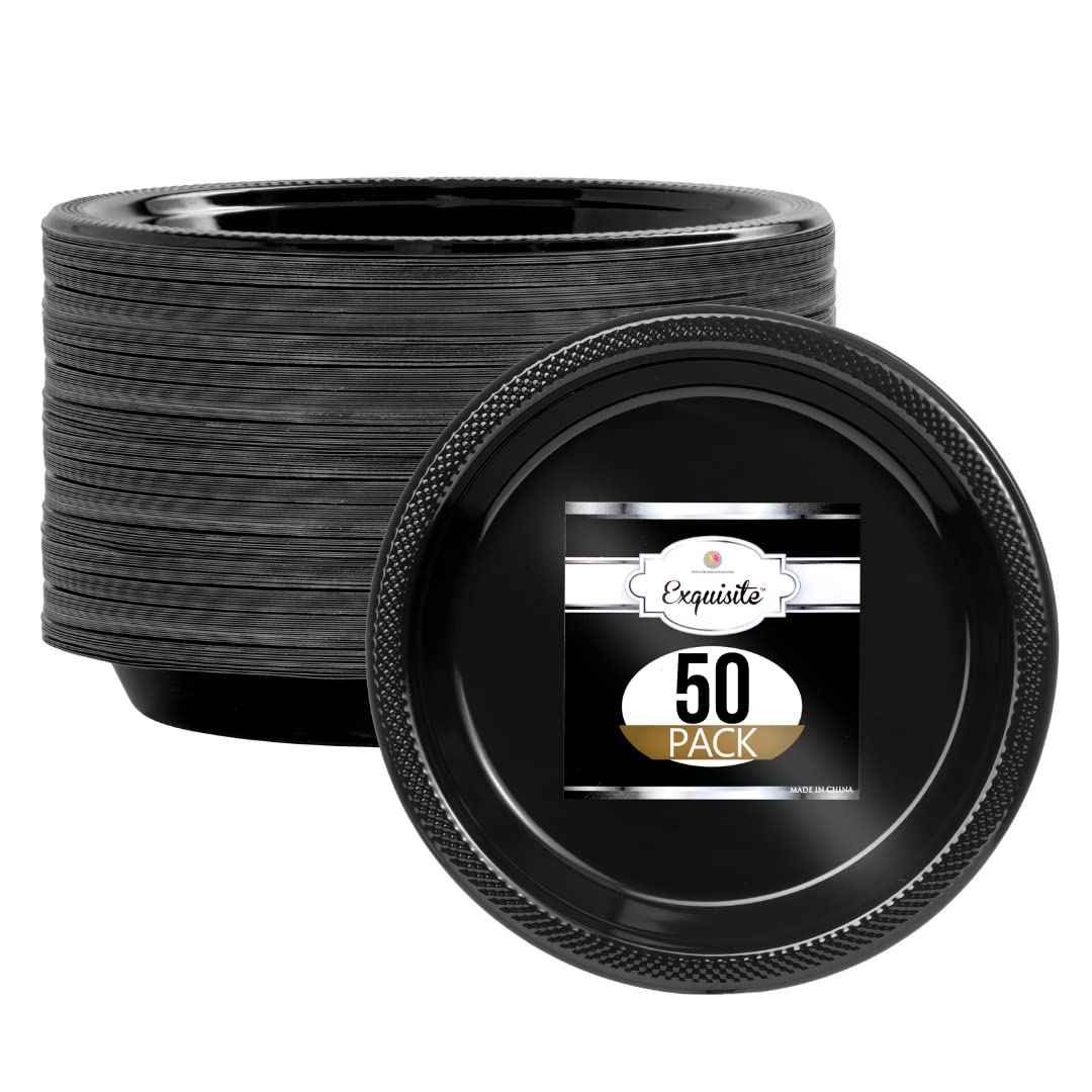 Premium 7-Inch Black Plastic Plates for Desserts & Salads - Heavy-Duty Disposable Dinnerware Set of 50 - Perfect for Parties, Picnics, BBQs and Catering Events