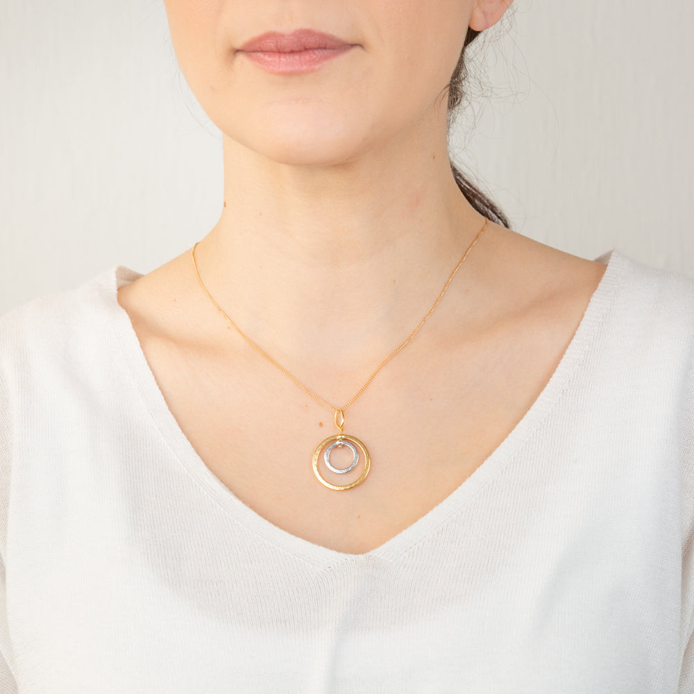 9ct Yellow & White Gold Silver-Filled Greek Key Round Pendant Necklace - Elegant Jewelry for Women, Perfect for Parties, Weddings & Everyday Wear
