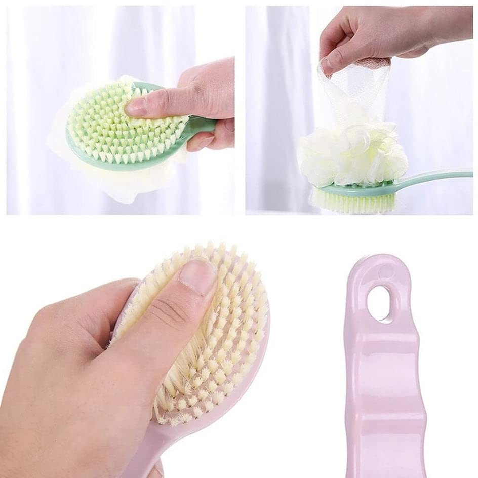 GREEVA 2 in 1 Bath & Body Brush with Soft Loofah & Bristles - Long Handle Back Scrubber for Shower or Dry Brushing - Exfoliating Brush for Women & Men - Perfect for Face, Body & Spa Care - Ideal for Deep Cleansing & Skin Exfoliation in Daily Shower Routine