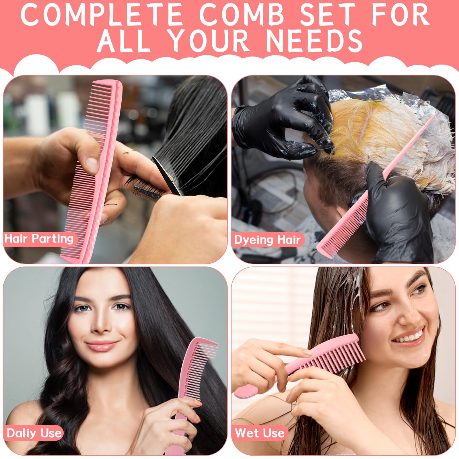 START MAKERS 5-Piece Hair Comb Set for Women & Men - Wide Tooth, Fine Tooth, Rat Tail, Parting & Double-Wide Combs for Detangling, Styling Wet, Wavy, Curly & Thick Hair (Pink) - Perfect for Salon, Home & Travel Use