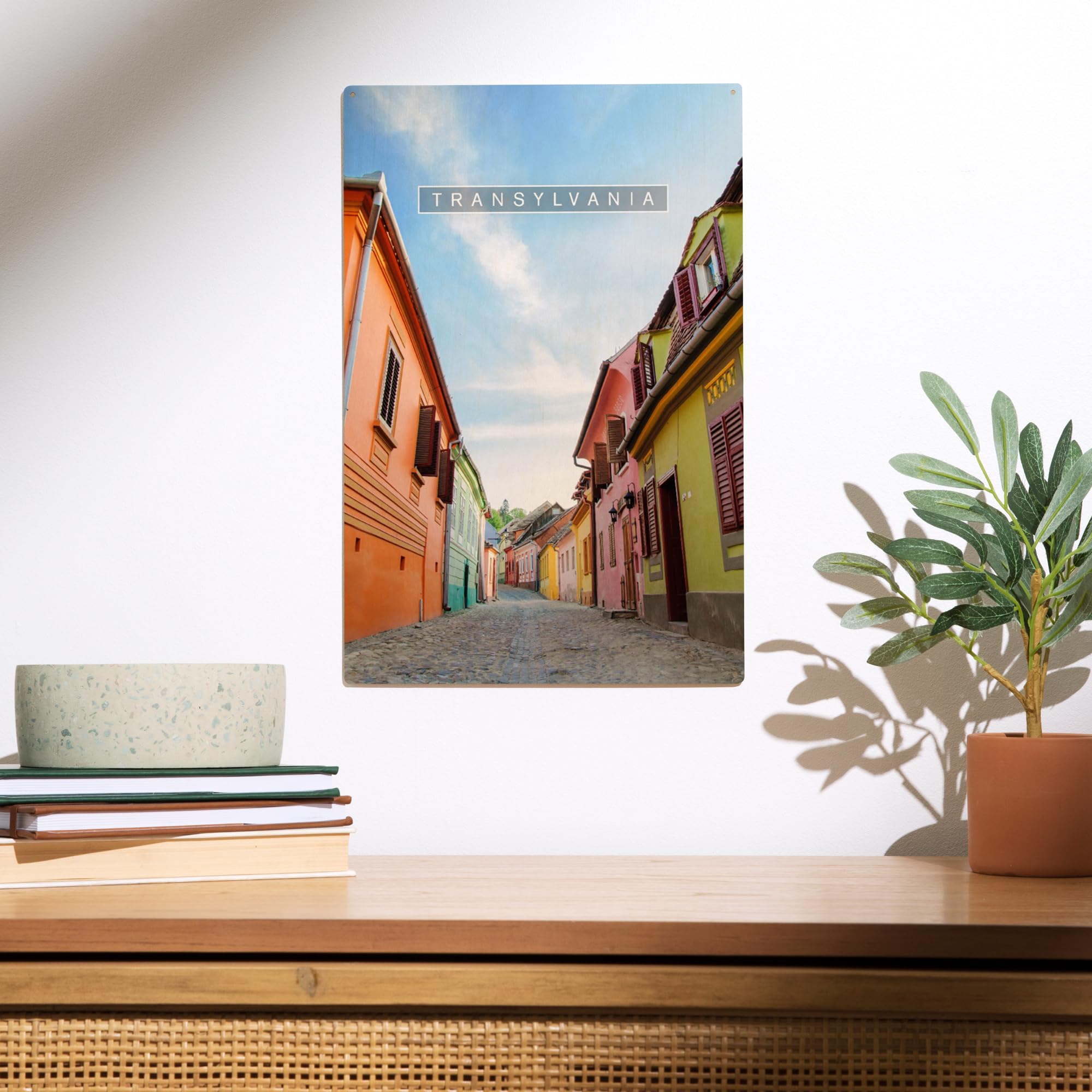 Lantern Press 10x15 Inch Wooden Wall Sign - Ready to Hang Transylvania Romania Medieval Town Street & Houses Decor - Perfect for Home, Office, or Gift