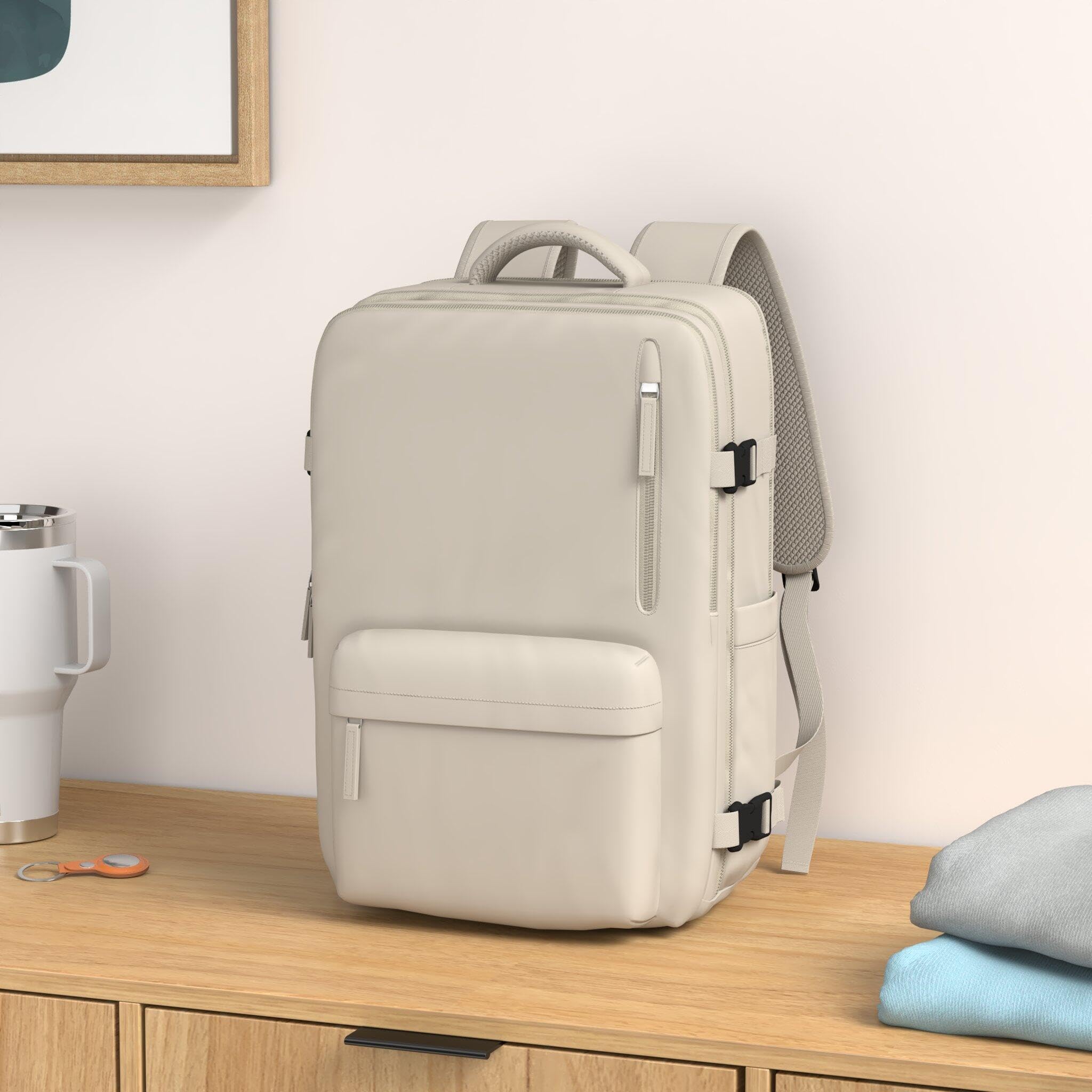 VGCUB 17 Inch Large Travel Backpack for Women & Men - Flight Approved Business Laptop Backpack with Dedicated Laptop Compartment - Perfect for Work Commute, Business Trips & Airplane Carry-On (Beige)