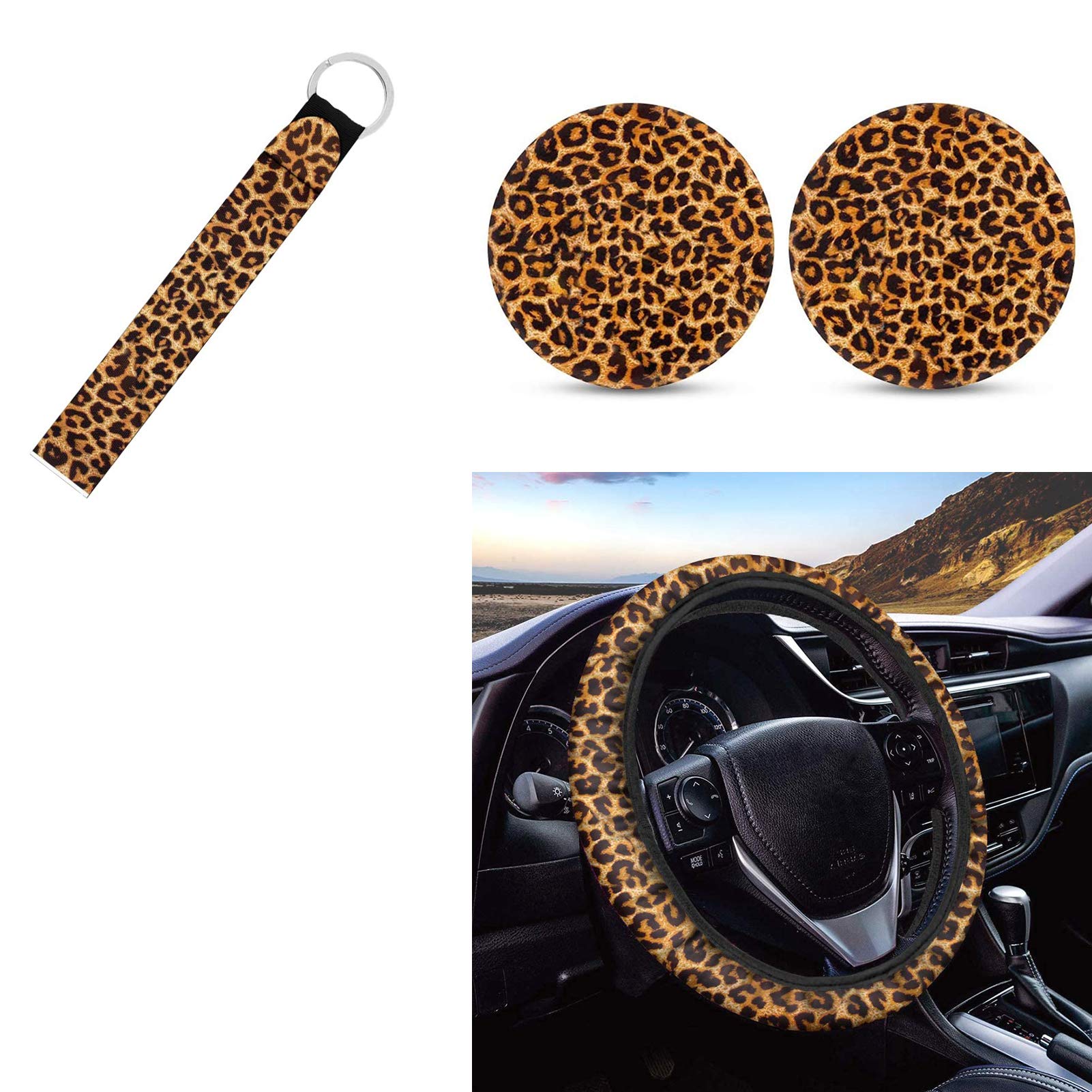 FKELYI Fashion Leopard Print Car Steering Wheel Cover - Soft Neoprene Steering Wrap with Cup Coaster Pads & Keychain Strap Set | Universal Fit for Cars, SUVs & Trucks | Perfect for Road Trips & Daily Commutes