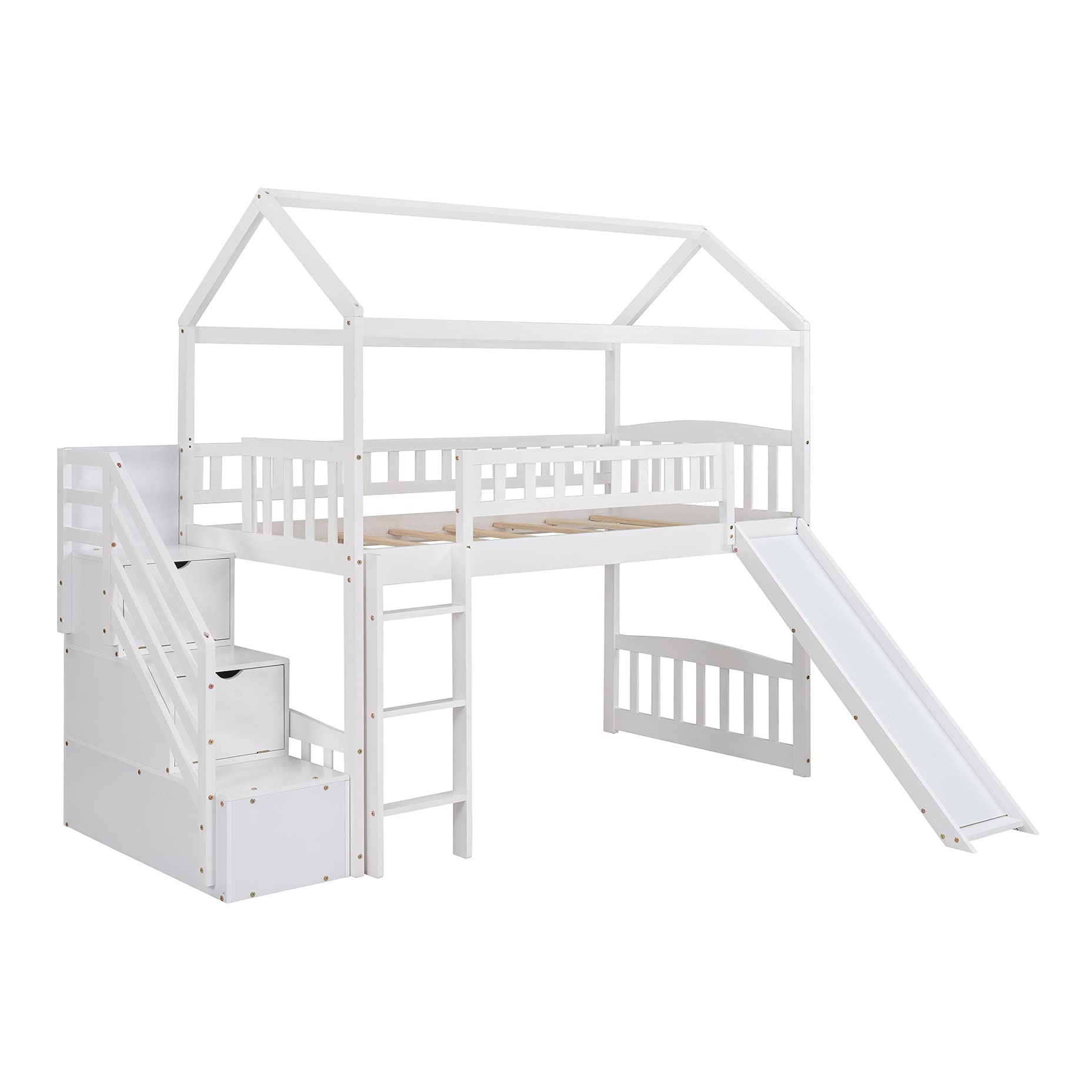 Twin Loft Bed with Slide & 2 Drawers - Kids & Teens Stairway Loft Bed Frame - White - Perfect for Small Bedrooms & Playrooms
