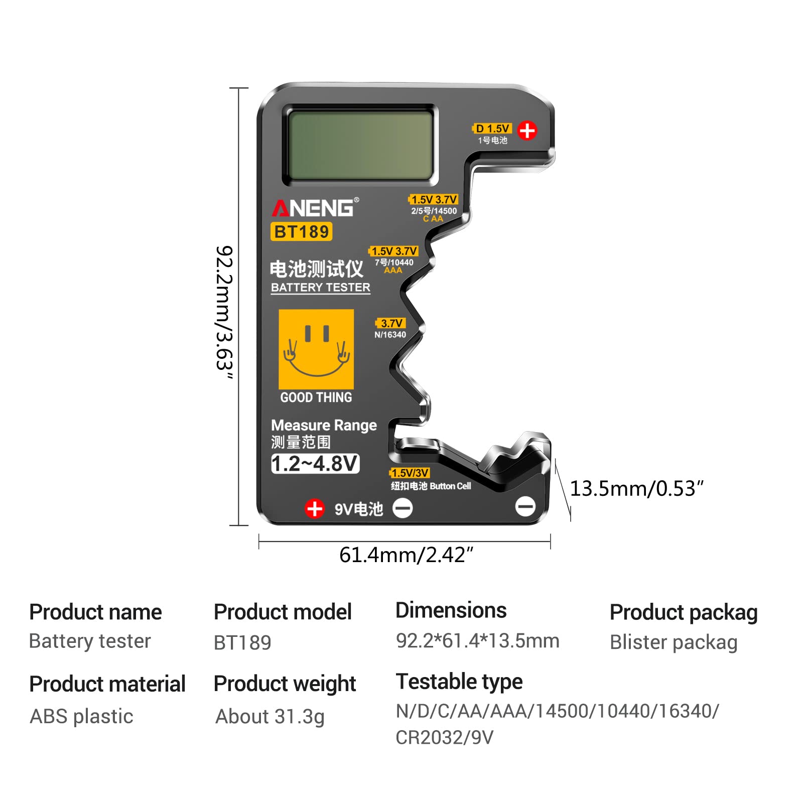 AA C-D 9V 1.5V Button Cell Battery Tester - Compact Checkered Voltage Tester for Household Batteries (Ideal for Remote Controls, Toys, Flashlights & Electronic Devices)