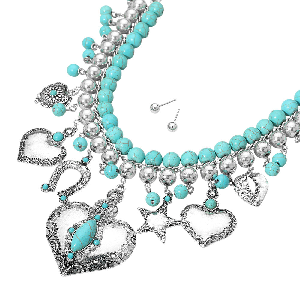 Boho Turquoise Heart Star Horseshoe Charm Statement Necklace for Women - Western Style Layered Jewelry for Casual Outfits, Festivals & Boho Fashion