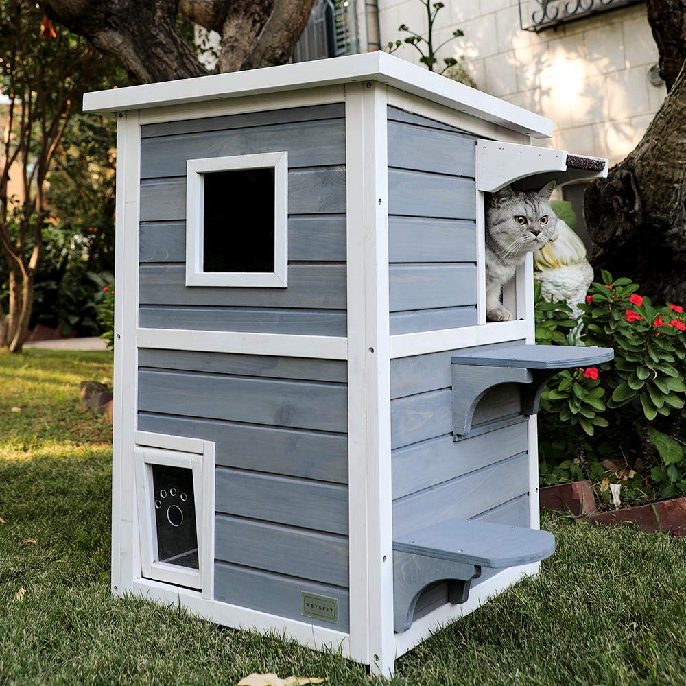 Petsfit 2-Story Weatherproof Outdoor Cat House with Escape Door - Insulated Shelter for Stray & Feral Cats - Perfect for Backyard, Garden & Patio Protection