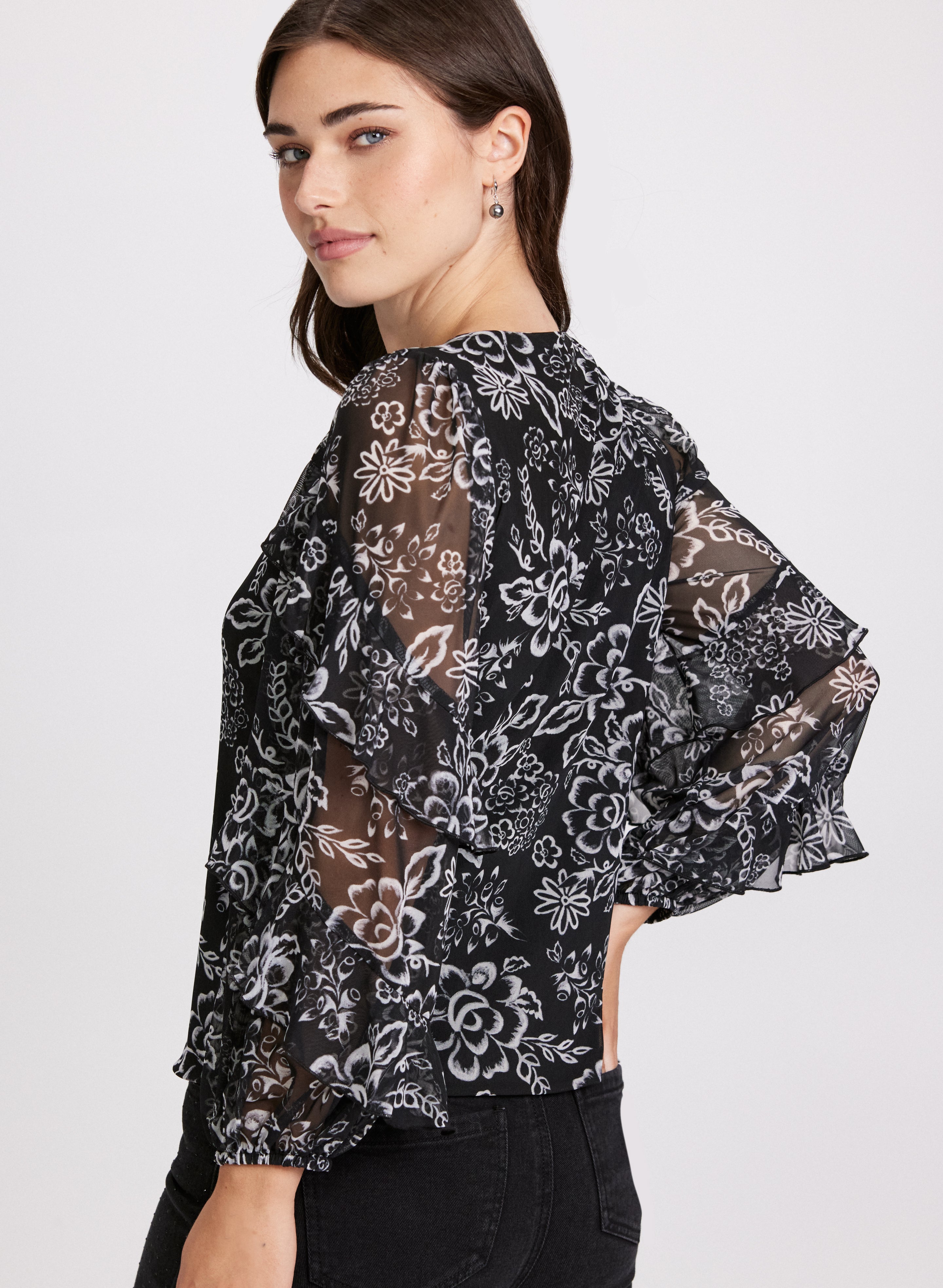 Floral Print Keyhole Blouse for Women - Elegant V-Neck Summer Top with Ruffle Sleeves | Perfect for Office, Date Night & Casual Outings