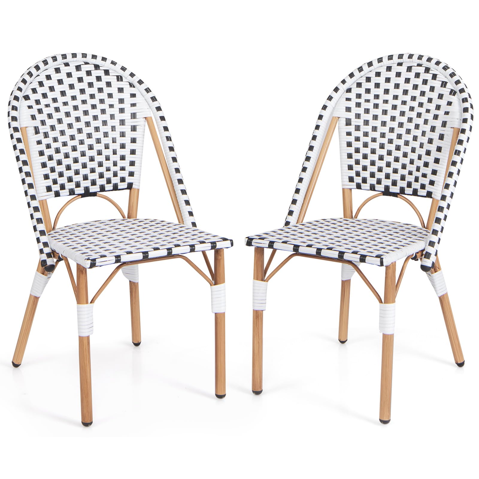 Tangkula French Bistro Chair Set of 2 - Outdoor Armless Dining Chairs with Hand-Woven Rattan & Galvanized Metal Frame - Patio, Garden, Kitchen, Backyard, Porch Accent Chairs (Black & White) - Perfect for Al Fresco Dining and Relaxing Outdoors