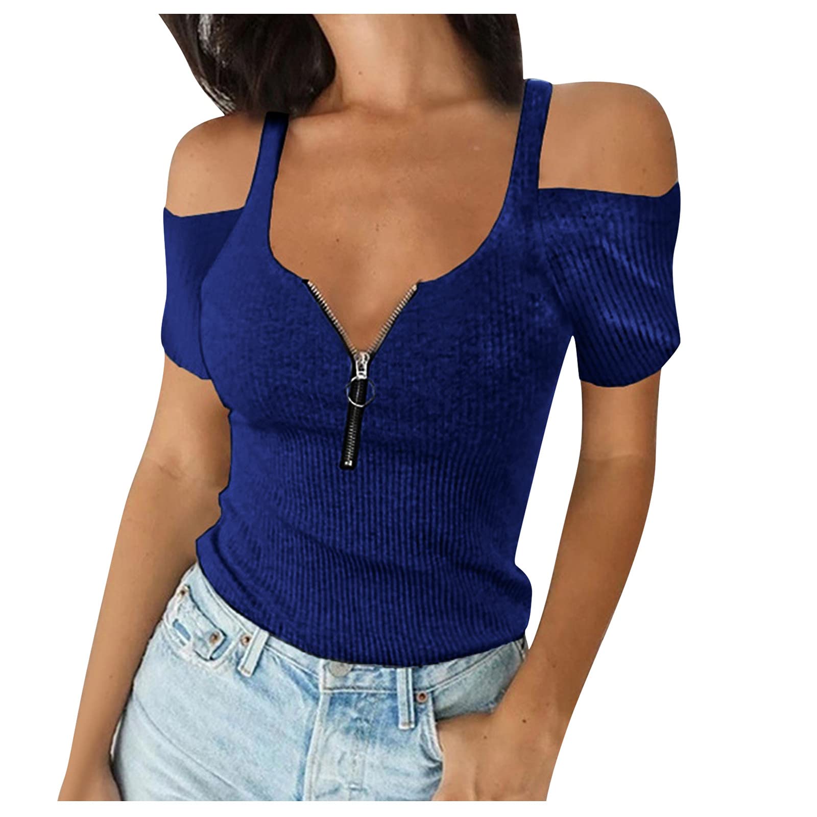 DSFVUS Women's Sexy Off Shoulder V-Neck Ribbed Knit Blouse - Zipper Detail Short Sleeve T-Shirt, Low Cut Slim Fit Summer Top (Blue, Medium) | Casual Wear, Beach Outfits, Date Night & Party Clothes