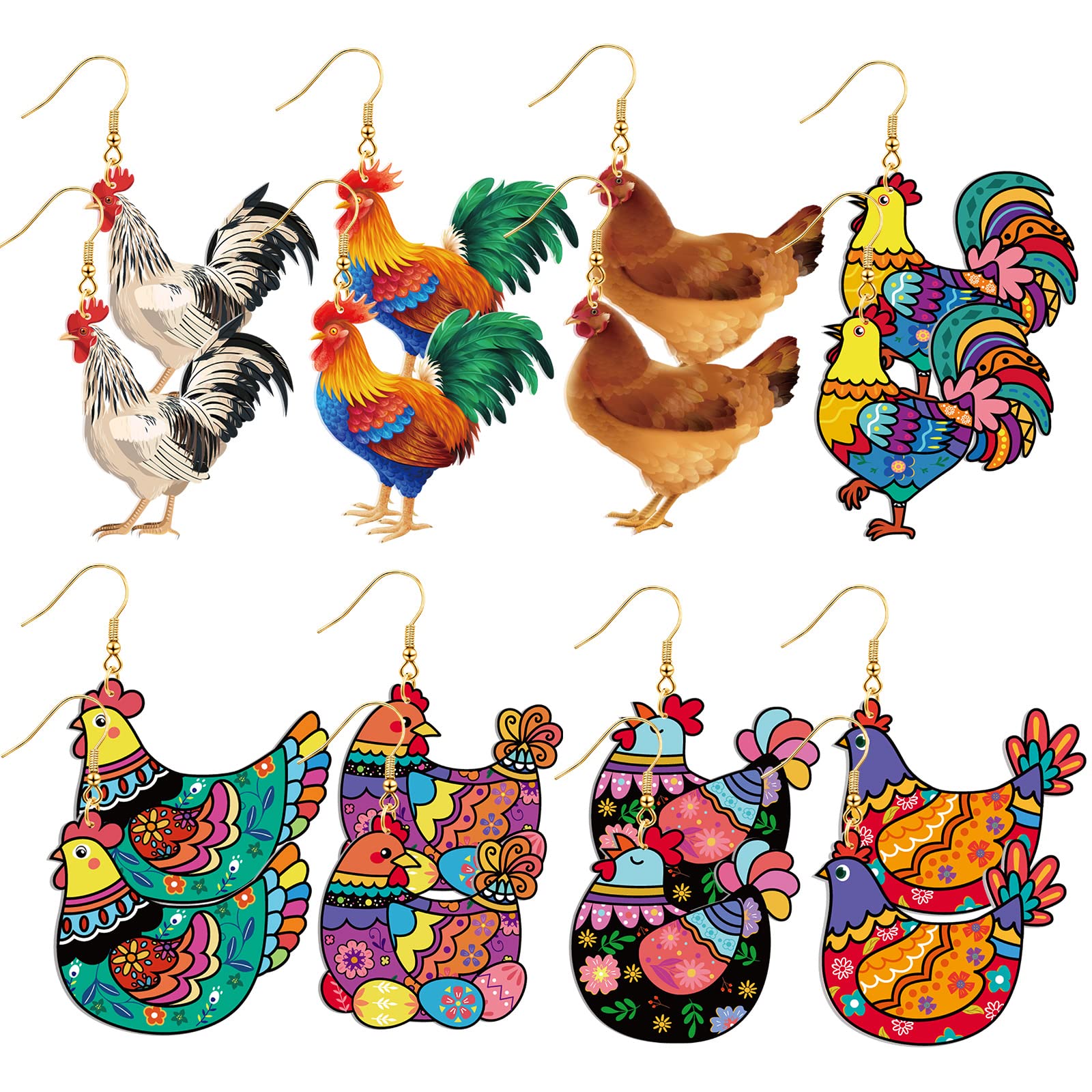 Nosiny 8 Pairs Acrylic Hen Chicken Earrings - Funny Animal Rooster Drop Dangle Earrings for Women, Cute Farm Chicken Jewelry Gift for Ladies | Perfect for Farm-Themed Parties, Country Fashion, and Funny Gift Giving
