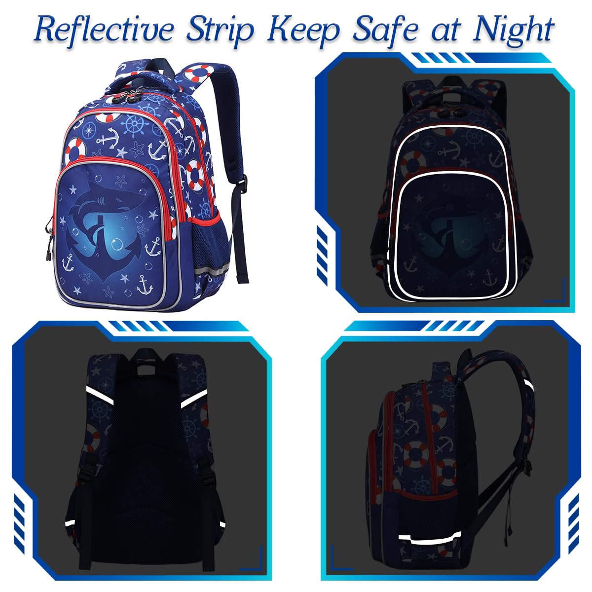 Moonmo Boys Backpack for Kids - Large Capacity Lightweight School Bag with Multiple Compartments for Preschool & Elementary Students (Blue Shark) - Perfect for School, Travel & Daily Use