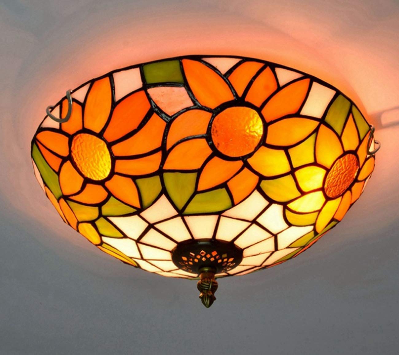 12 Inch Tiffany Style Sunflower Stained Glass Flush Mount Ceiling Light Fixture - E27 Base, 110-240V (Bulbs Not Included) - Perfect for Bedroom, Living Room & Dining Room Lighting Decor