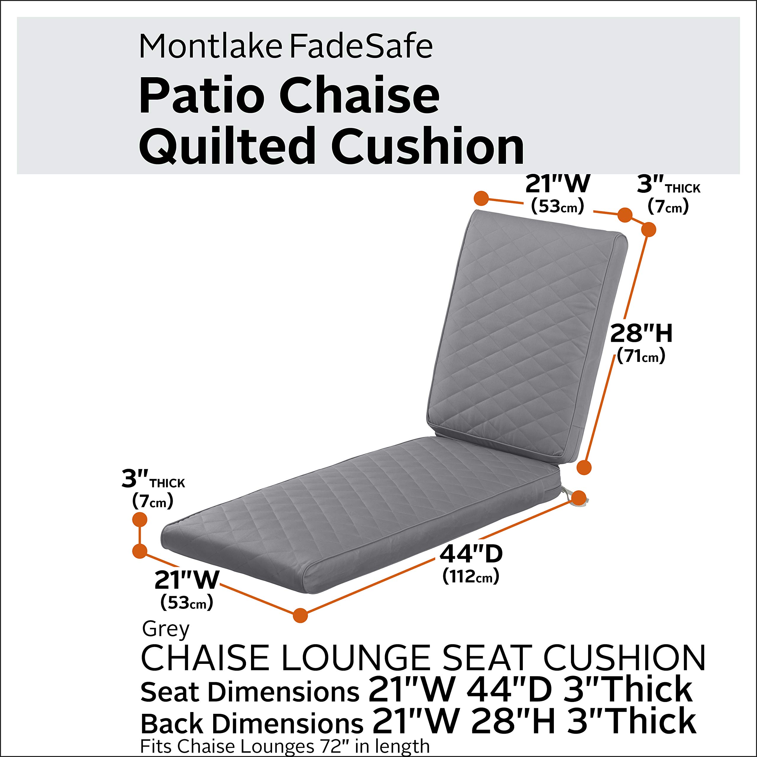 Classic Accessories Montlake 72x21 Quilted Grey Outdoor Chaise Lounge Cushion - FadeSafe, Water-Repellent, Durable Patio Furniture Cover for Poolside & Garden Relaxation