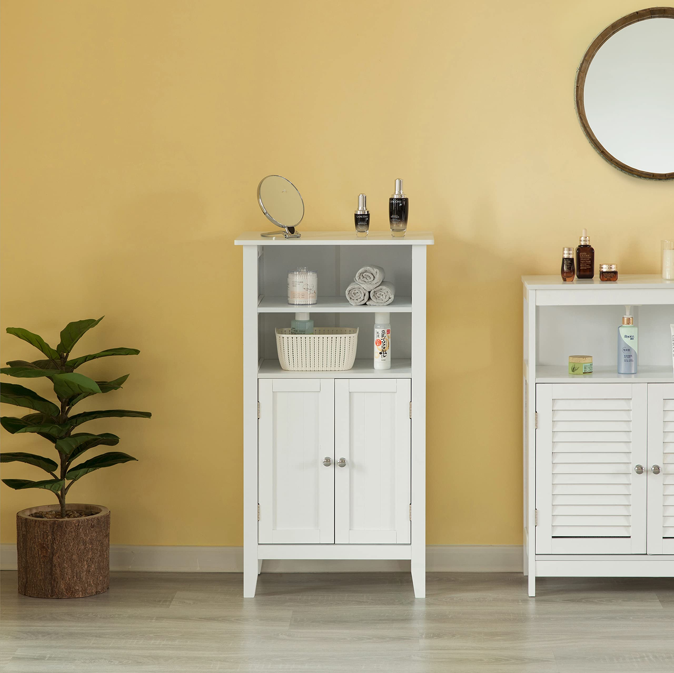 Basicwise White Storage Cabinet with Doors and 2 Open Shelves - Organizer for Bedroom, Bathroom & Vanity - Perfect for Closet Organization, Bath Essentials & Makeup Storage