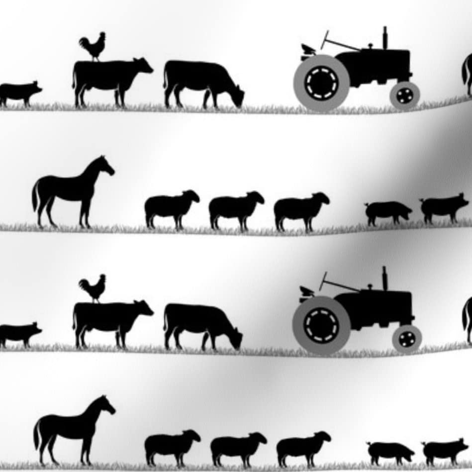 Farm Animals Parade Printed Minky Fabric - Black Cute Horse Sheep Pig Tractor Design - Soft Fat Quarter for Baby Blankets, Quilt Backing & Plush Toys - Perfect for Sewing Projects, Nursery Decor & DIY Crafts
