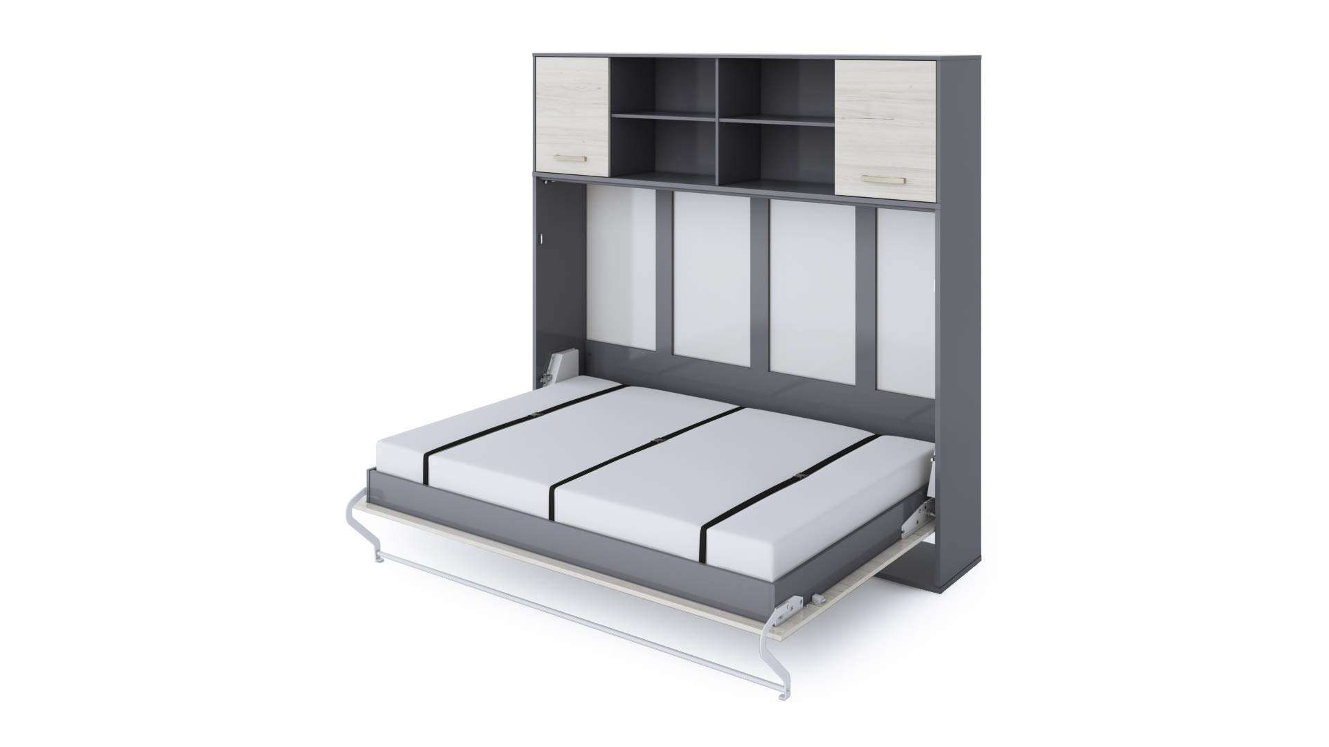 Horizontal Wall Bed with Mattress - European Queen Size Murphy Bed with Storage Cabinet (Grey/White Monaco) - Space Saving Solution for Small Apartments & Guest Rooms