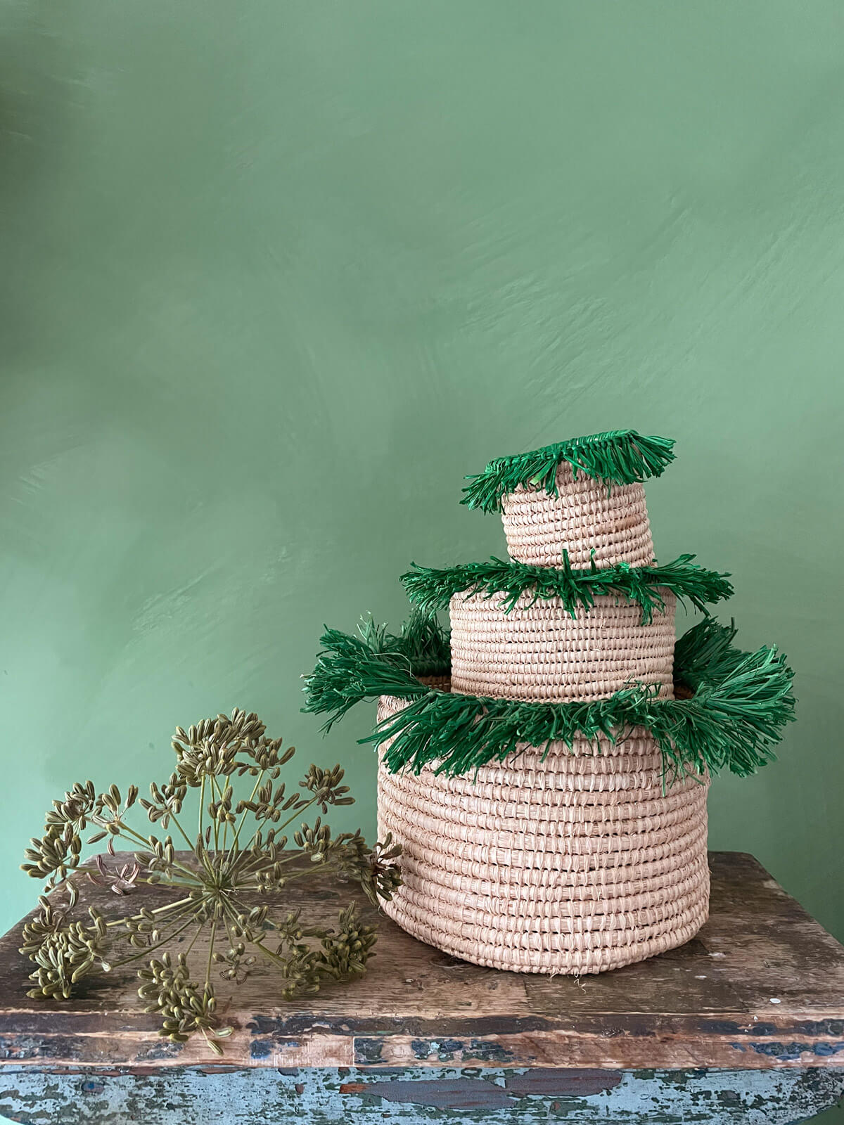 Eco-Friendly Raffia Tassel Storage Pots - Handwoven Green Baskets for Home Organization | Perfect for Bathroom, Bedroom & Office Decor