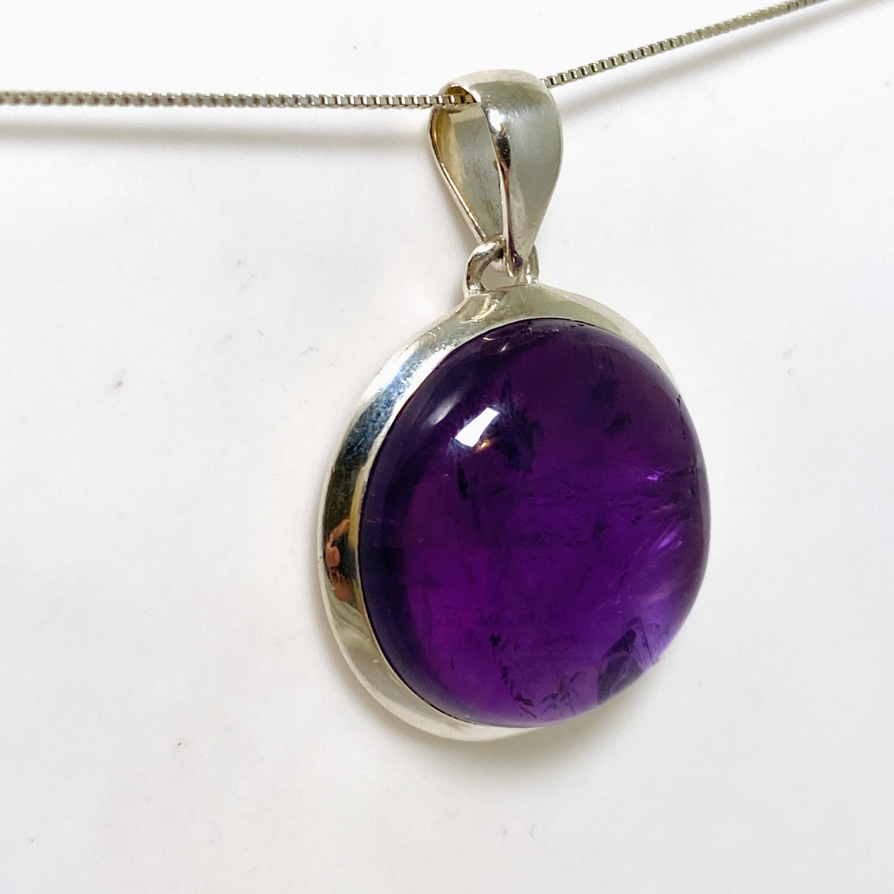 Natural Amethyst Round Cabochon Pendant Necklace - 925 Sterling Silver Jewelry for Women, Healing Crystal Gift for Meditation & Spiritual Protection