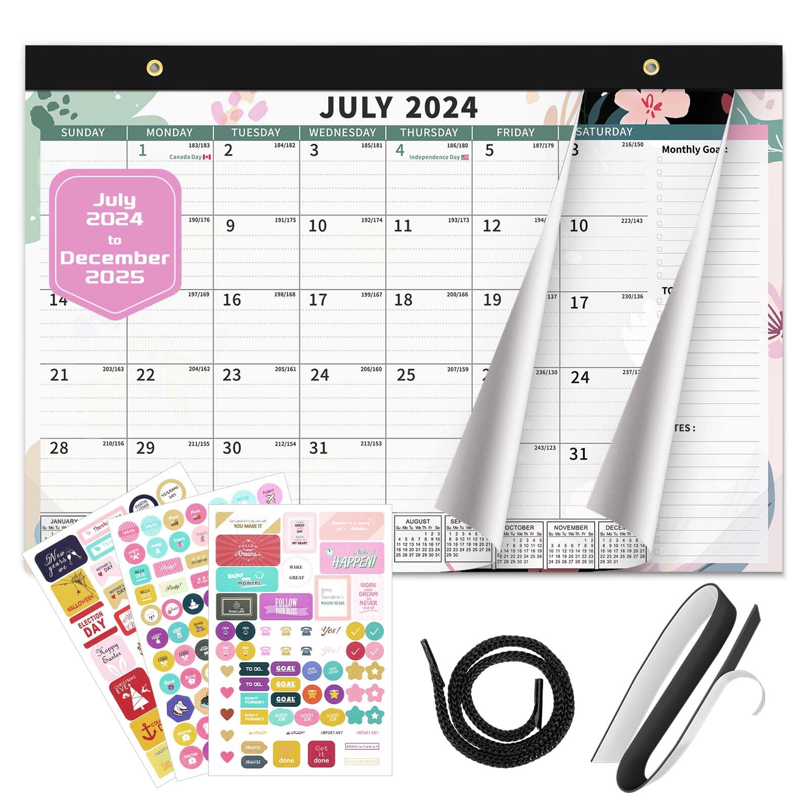 Ospelelf 2024-2025 Magnetic Wall Calendar - 18 Month Large Planner with Floral Design & Plastic Cover (17