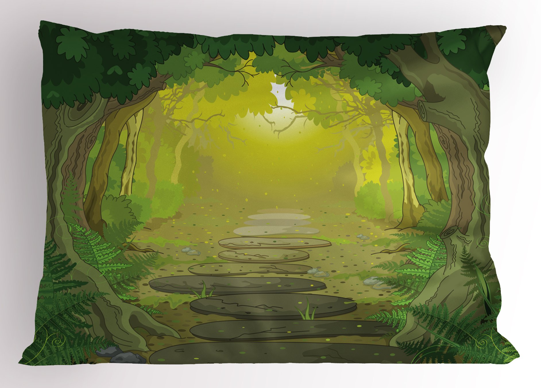 Ambesonne Forest Pillow Sham - Queen Size 30x20 Inch Printed Decorative Pillowcase with Trees, Ferns & Pathway in Green & Yellow | Perfect for Bedroom, Living Room & Cabin Decor