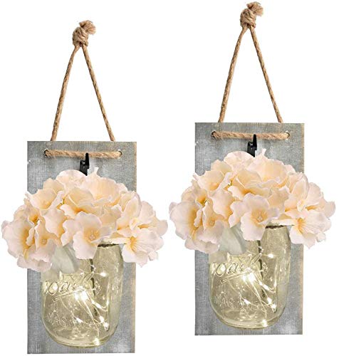 Rustic Mason Jar Wall Sconce with LED Fairy Lights - Handmade Hanging Mason Jar Decor 2 Pack, Infinite Loop Timer & 30 Warm White LEDs (Grey Wood) - Perfect for Farmhouse, Bedroom, Patio and Wedding Decorations