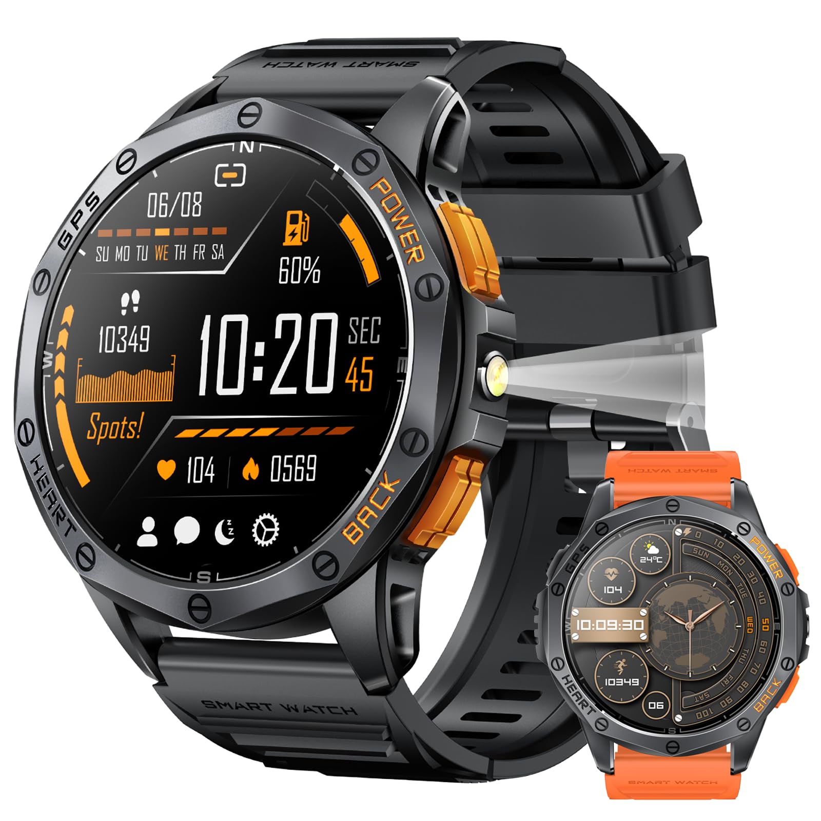 Military Smart Watch for Men - Built-in GPS, 170+ Sport Modes, AMOLED Display with Flashlight | Compatible with Android & iPhone | Bluetooth Calling, Altimeter, Barometer | Perfect for Outdoor Activities, Hiking & Fitness Tracking