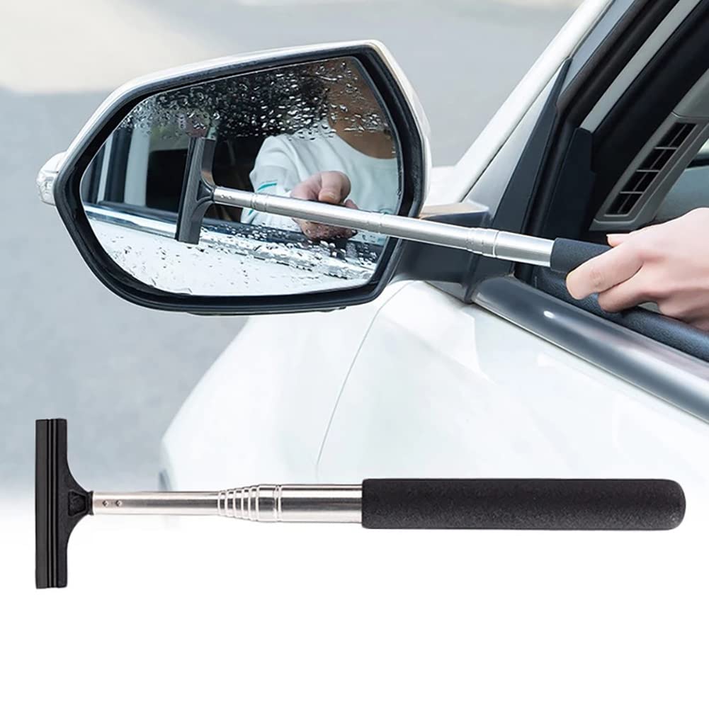 Extended 98cm Car Rearview Mirror Wiper with Telescopic Handle - Auto Mirror Squeegee Cleaner for Windshield & Glass Mist Removal (Black) - Perfect for Car Detailing, RV & Truck Cleaning