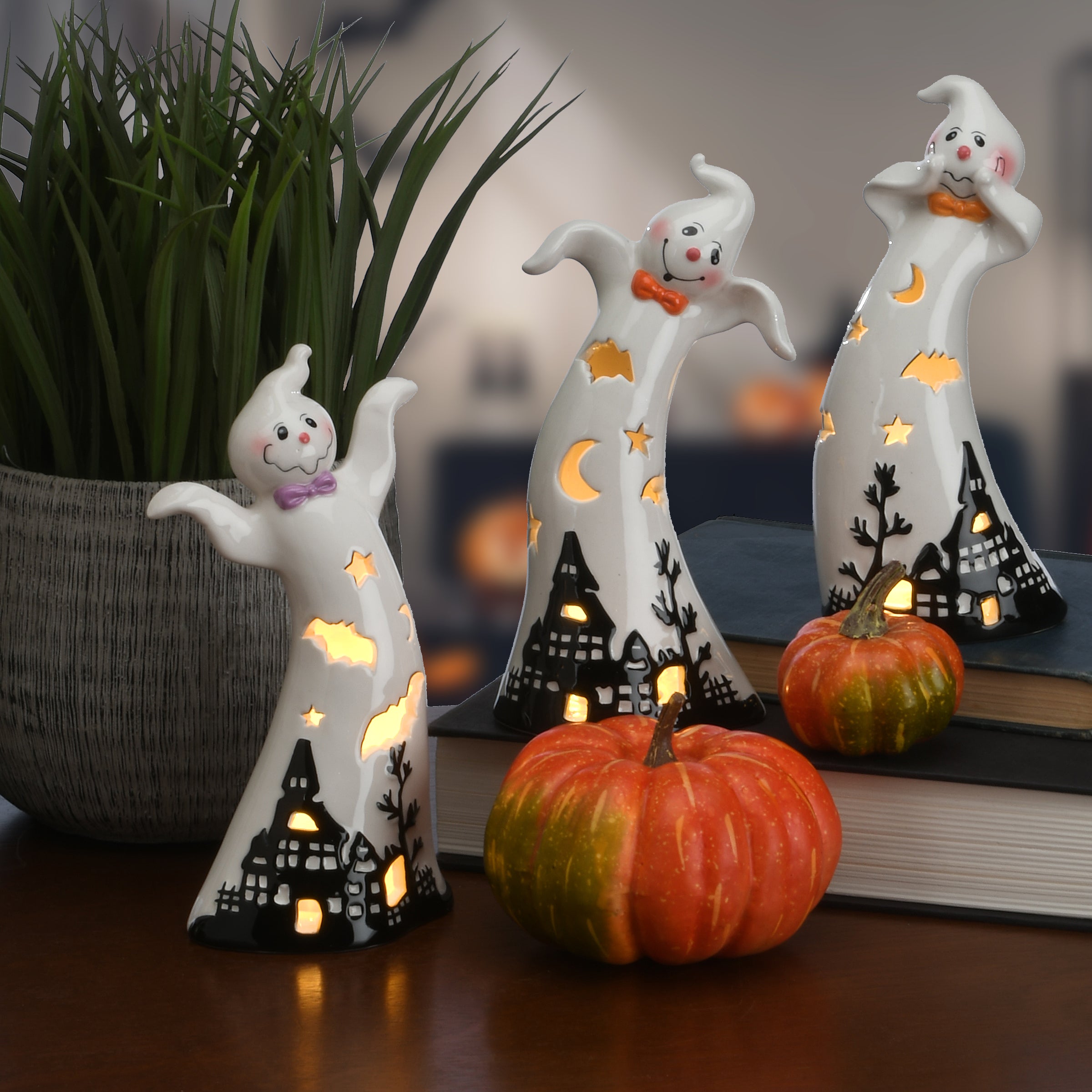 7 Inch 3-Piece Halloween Dancing Ghosts Ceramic Decor with LED Lights - Spooky Party, Home & Yard Decoration for Halloween Night