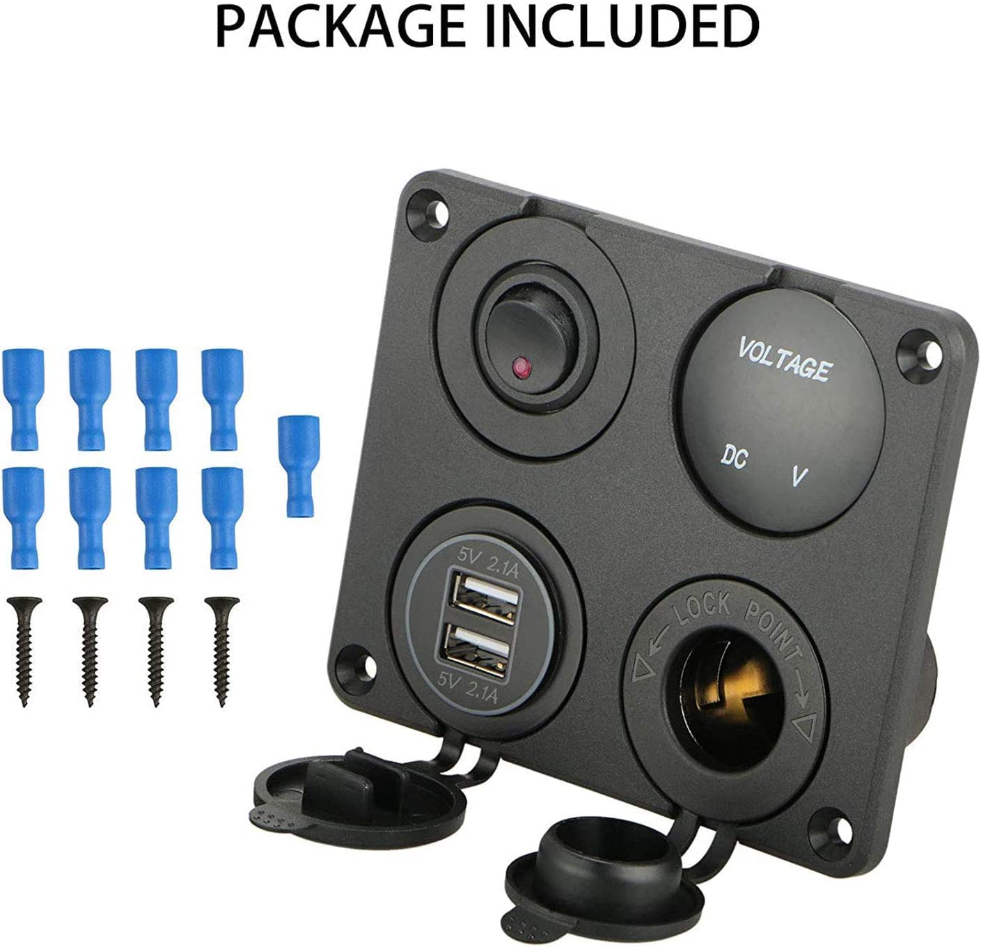 Linkstyle 4-in-1 12V Car Charger Panel with Dual USB Ports, Cigarette Lighter Socket, Red LED Voltmeter & ON/OFF Rocker Switch - Perfect for Cars, Marine Boats, RVs & Trucks