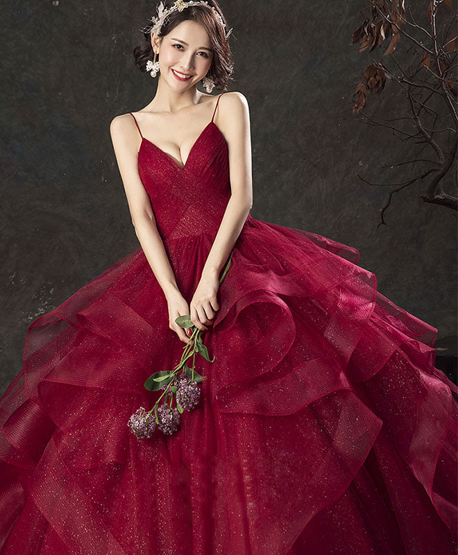 Elegant Burgundy V-Neck Tulle Long Prom Dress with Sweetheart Neckline - Size 16 | Formal Evening Gown for Homecoming, Ball, Quinceañera & Special Occasions