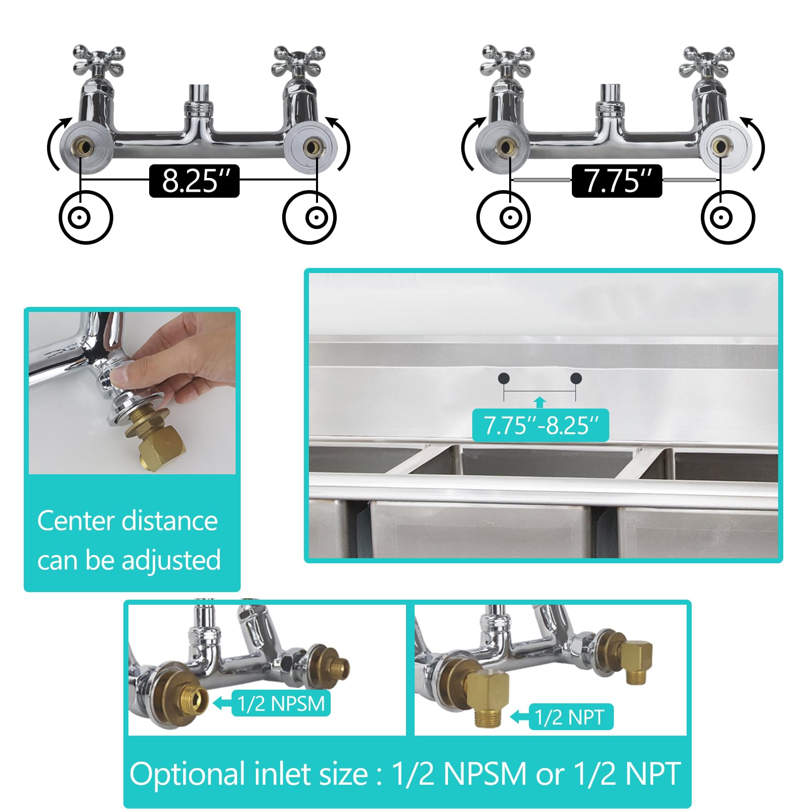 Commercial Pre-Rinse Sink Faucet - 8 Inch Wall Mount Restaurant Faucet with 10 Inch Swing Spout & Pull Down Sprayer (26 Inch Height) - Ideal for Commercial Kitchens, Restaurants, and Food Service Areas