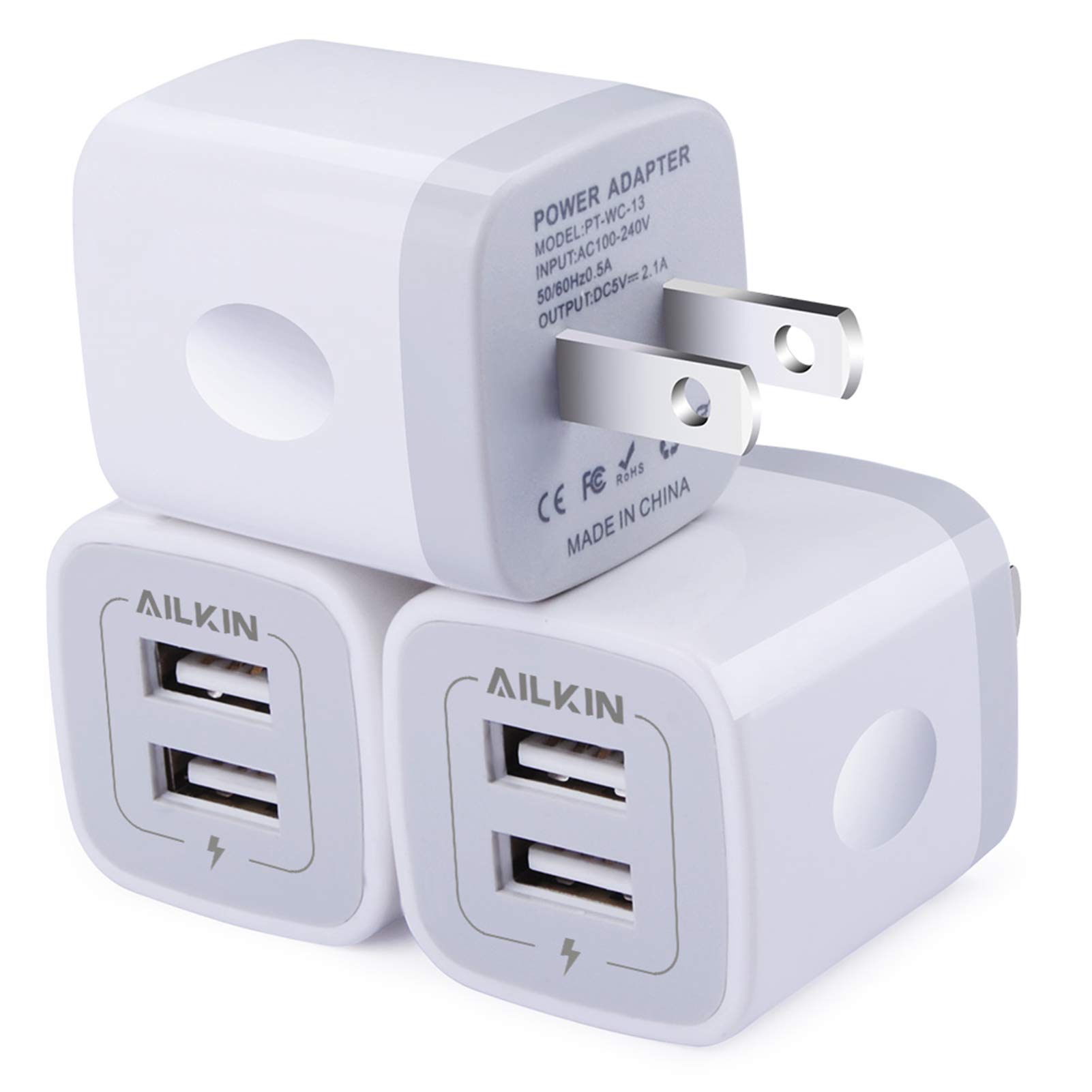 AILKIN 3-Pack Fast Wall Charger with 2-Port USB, 5V/2.1A AC Power Adapter for iPhone 15/14/13/12/SE/11Pro Max/XS/XR/8 Plus, Samsung Galaxy, Google Pixel - Perfect for Home, Office & Travel Charging