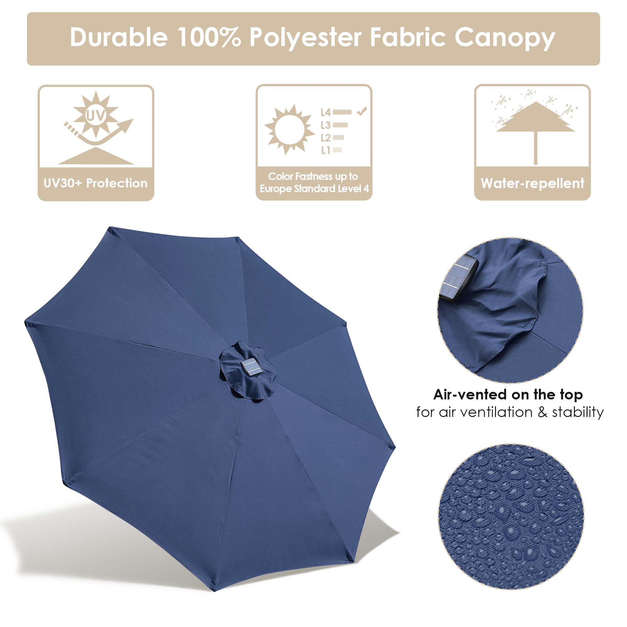 10FT Solar Powered LED Light Bar Patio Umbrella with Tilt Crank - Aluminum Market Umbrella for Backyard, Pool, Deck, Garden & Cafe - Navy Blue Outdoor Lighting for Nighttime Use
