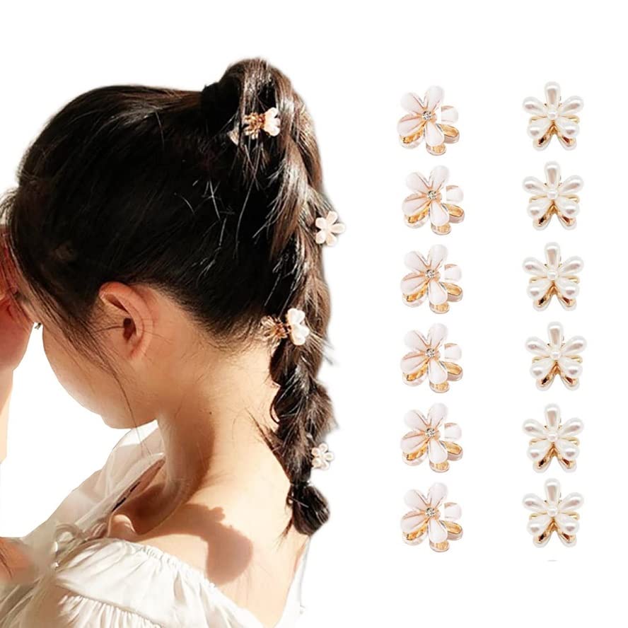 12 Pack Small Pearl Hair Claw Clips - Mini Crystal Flower Spring Floral Hair Clips for Women & Girls - Sweet Artificial Flower Crystal Barrettes - Perfect for Parties, Weddings & Everyday Hair Accessories