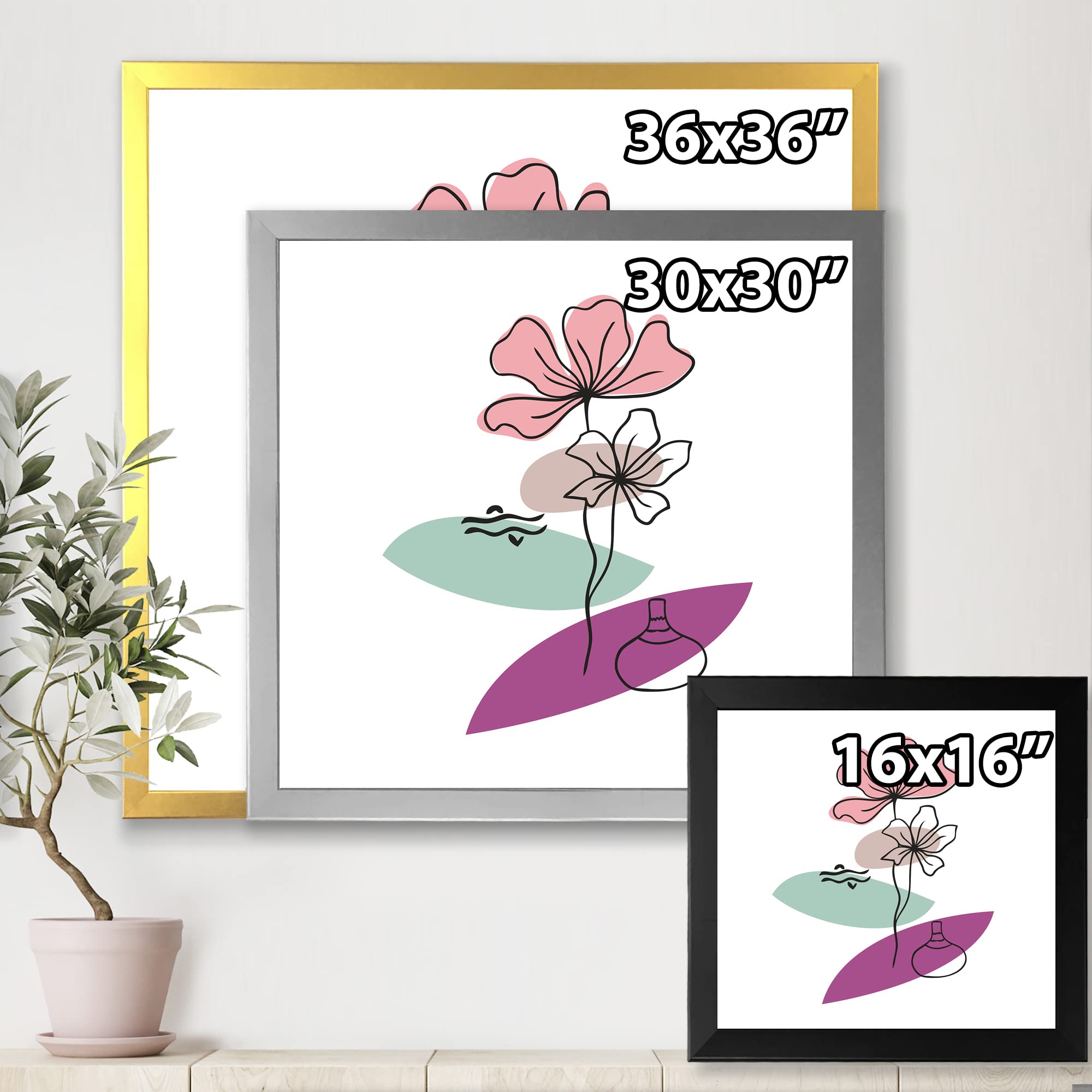 DesignQ Elementary Shapes With Abstract Flowers Plants IV Modern Framed Wall Art - Contemporary Home Decor for Living Room, Bedroom & Office