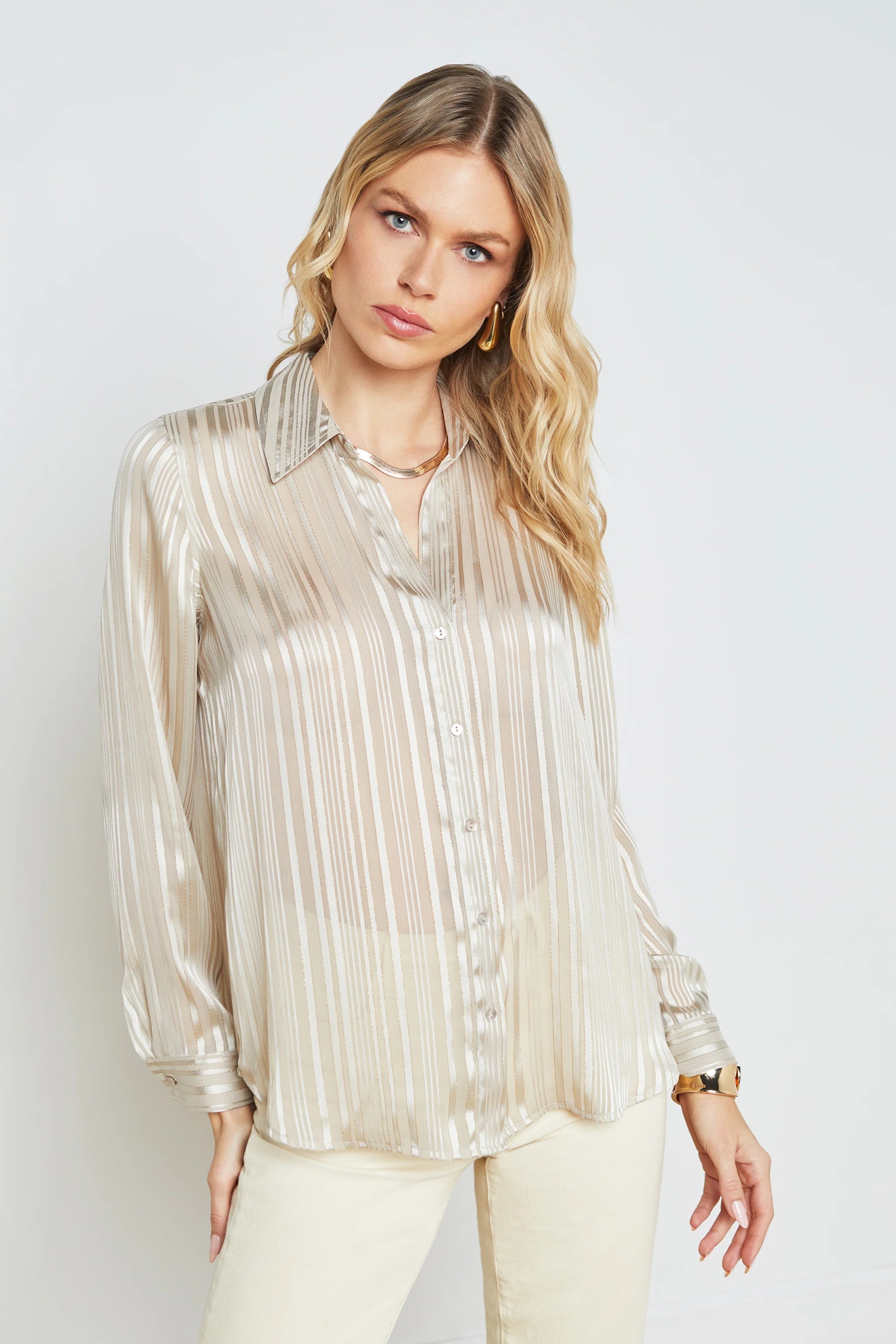 L'Agence Argo Blouse for Women - Elegant Flowy Button-Down Shirt with French Cuff Detail | Perfect for Office Wear, Date Night & Casual Outings