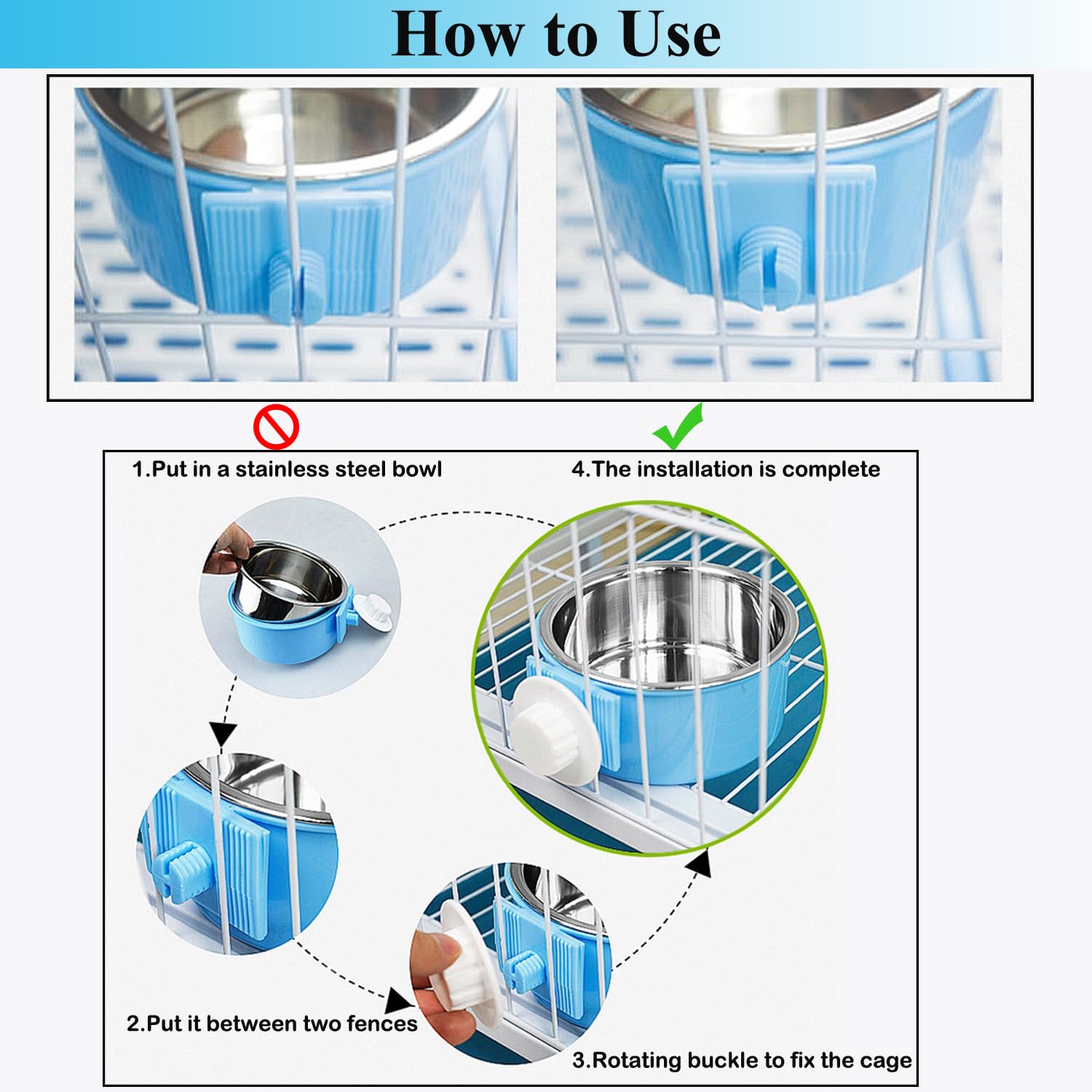 2 Pack Removable Stainless Steel Hanging Pet Bowl - Durable Dog Cat Food Water Feeder for Kennel, Cage, Coop - Perfect for Puppies, Medium Dogs, Rabbits, Ferrets & Birds (Blue & Green) - Ideal for Travel, Camping & Home Use